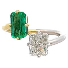 GIA Diamond Emerald 18k Gold Platinum Two Tone Toi et Moi Ring