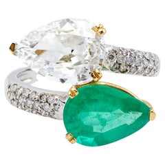 GIA Diamond Emerald 18k Gold Two Tone Toi et Moi Ring