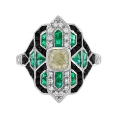 GIA Diamond Emerald Onyx Art Deco Style Cocktail Ring in 18K White Gold