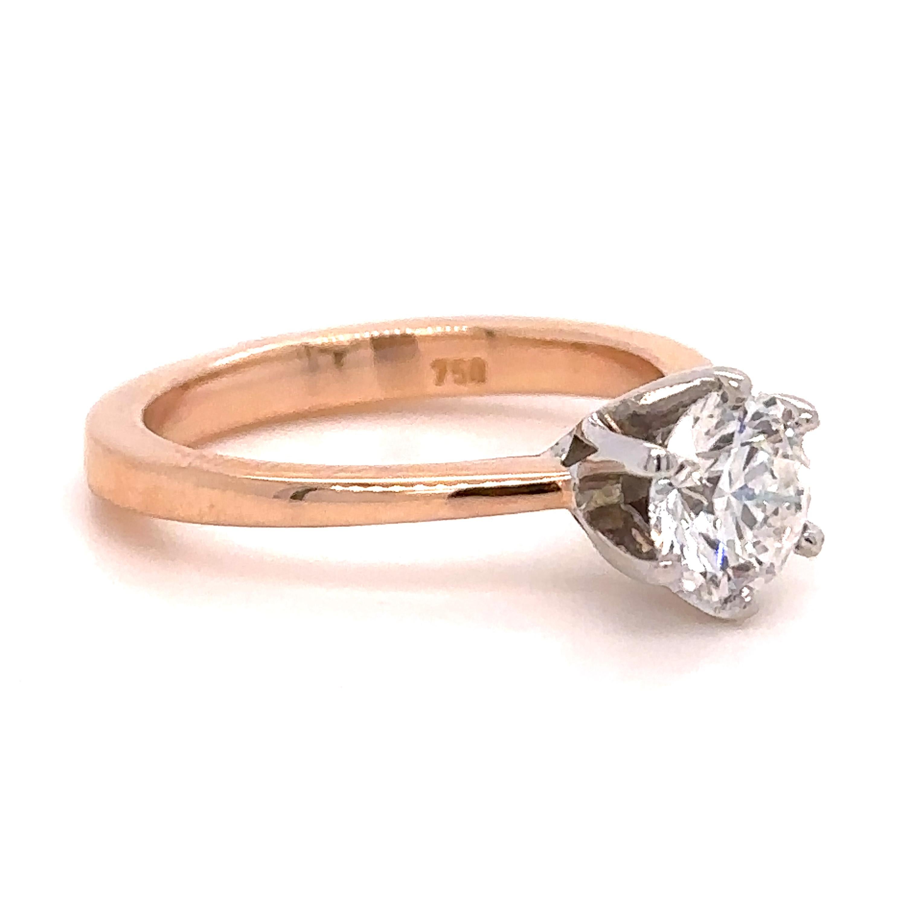 Unique features:

A GIA Diamond engagement ring made of 18 ct Rose Gold, set with a Single Round, brilliant cut Diamond weighing 1.10 ct, G Colour, SI1 Clarity. 

Metal: 18ct Rose Gold
Carat: 1.10ct
Colour: G
Clarity: SI1
Cut: Round Brilliant