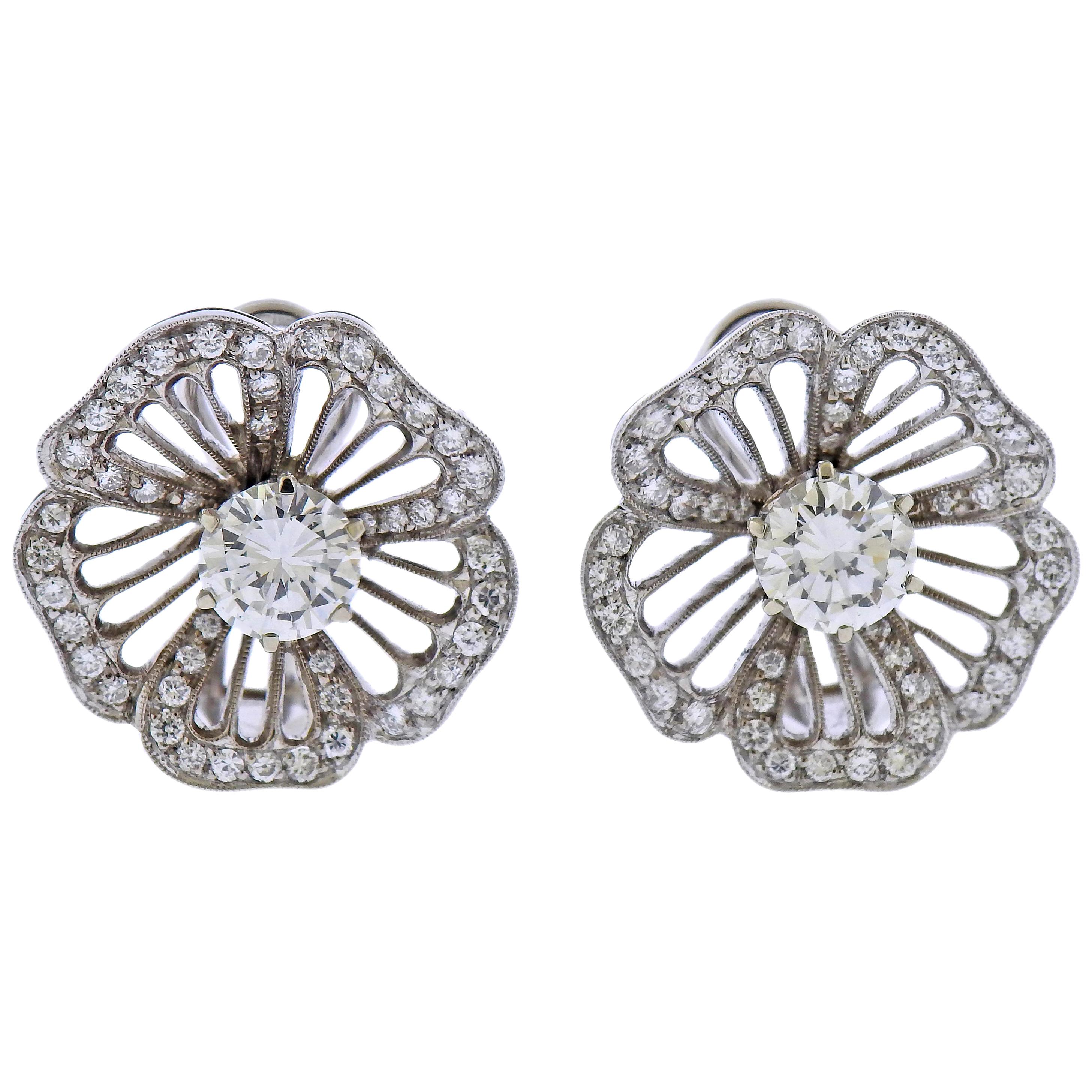 GIA Diamond Gold Flower Earrings For Sale