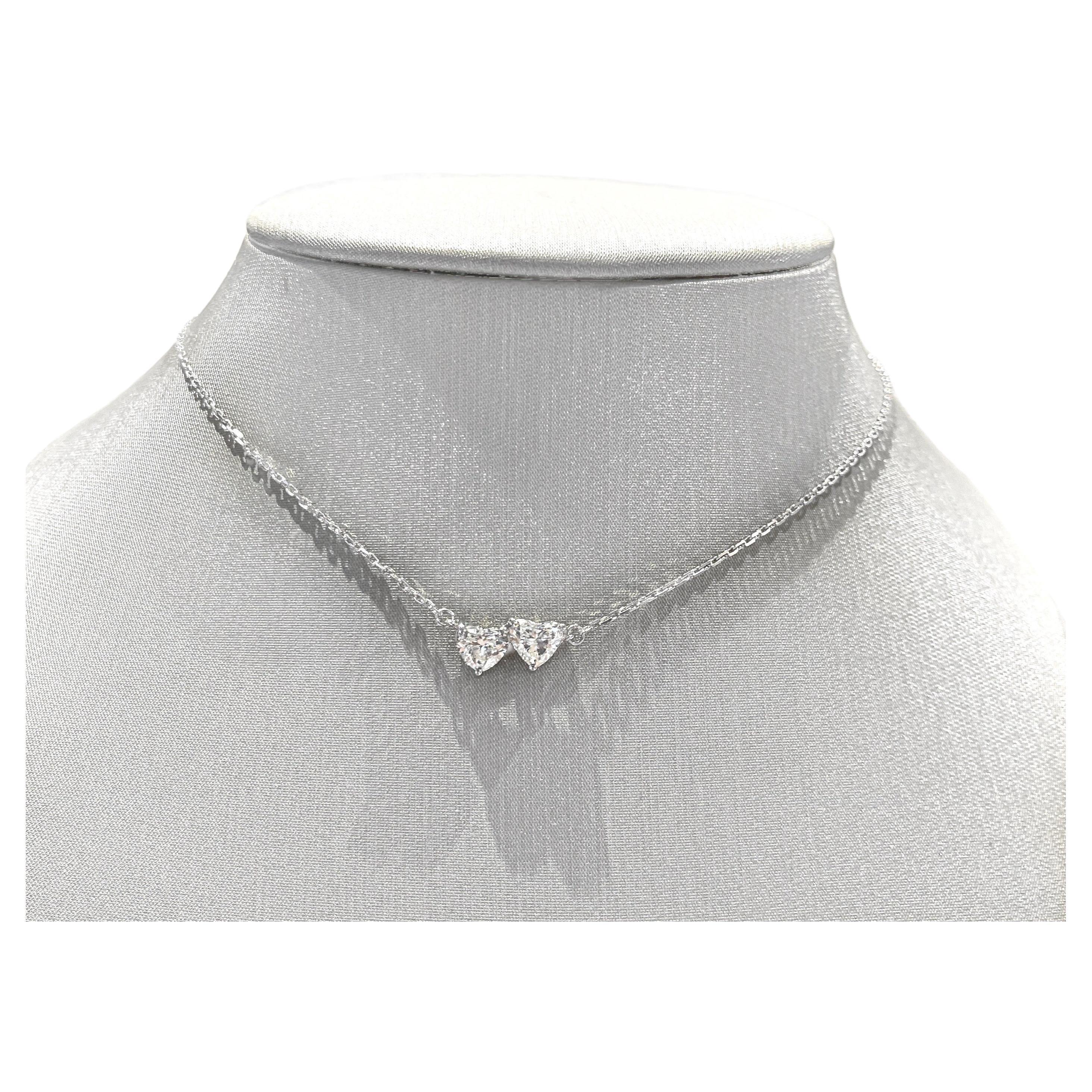 GIA Diamond Hearts Necklace, TCW 1.87 with 18k White Gold Chain For Sale