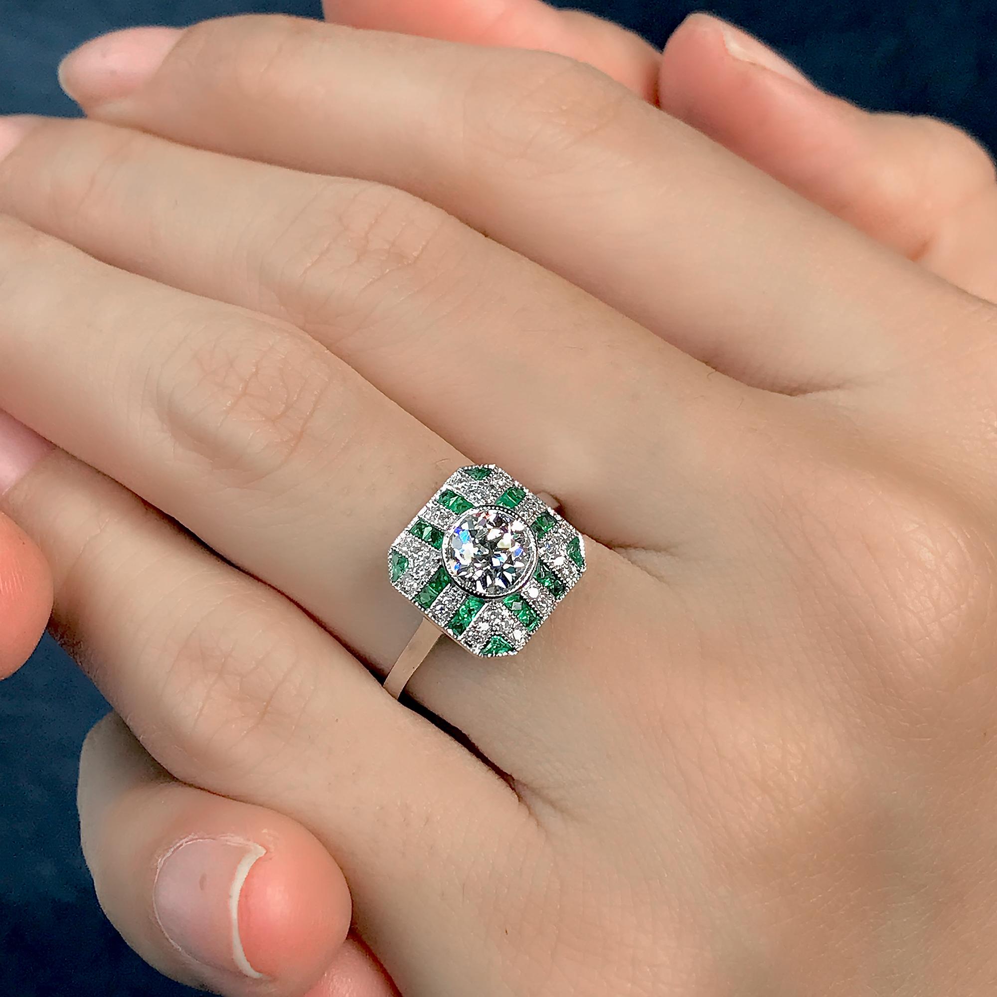 Round Cut GIA Diamond with Emerald Art Deco Style Engagement Ring in 18k White Gold For Sale