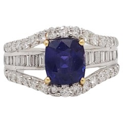 GIA East African Color Change Sapphire Cushion and White Diamond Cocktail Ring