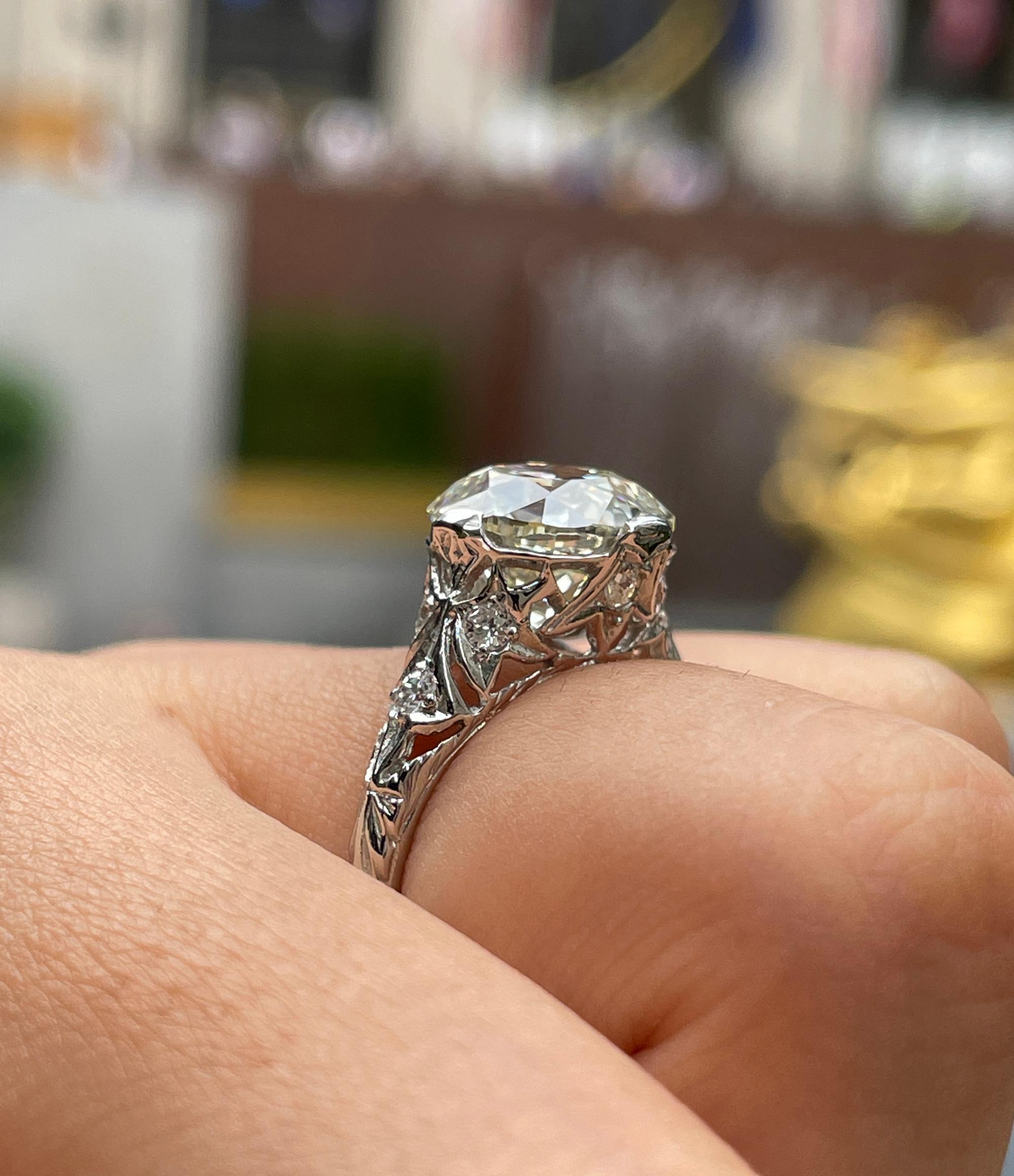 GIA Edwardian 4.45ctw Old European Diamond Platinum Engagement Ring For Sale 5