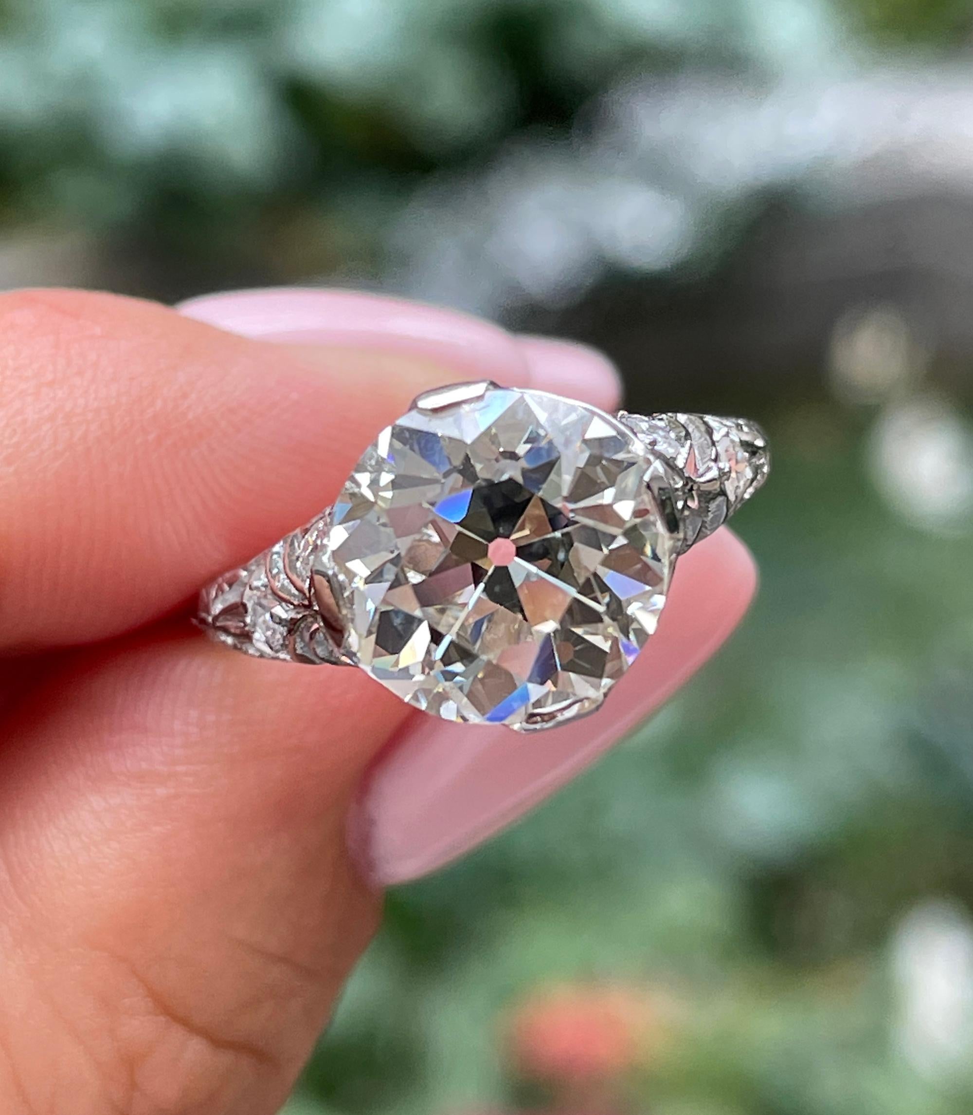 GIA Edwardian 4.45ctw Old European Diamond Platinum Engagement Ring For Sale 12