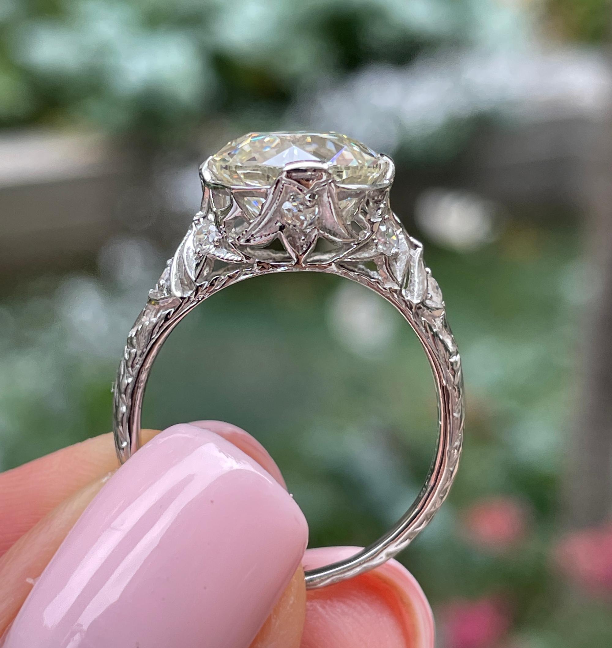 GIA Edwardian 4.45ctw Old European Diamond Platinum Engagement Ring For Sale 13