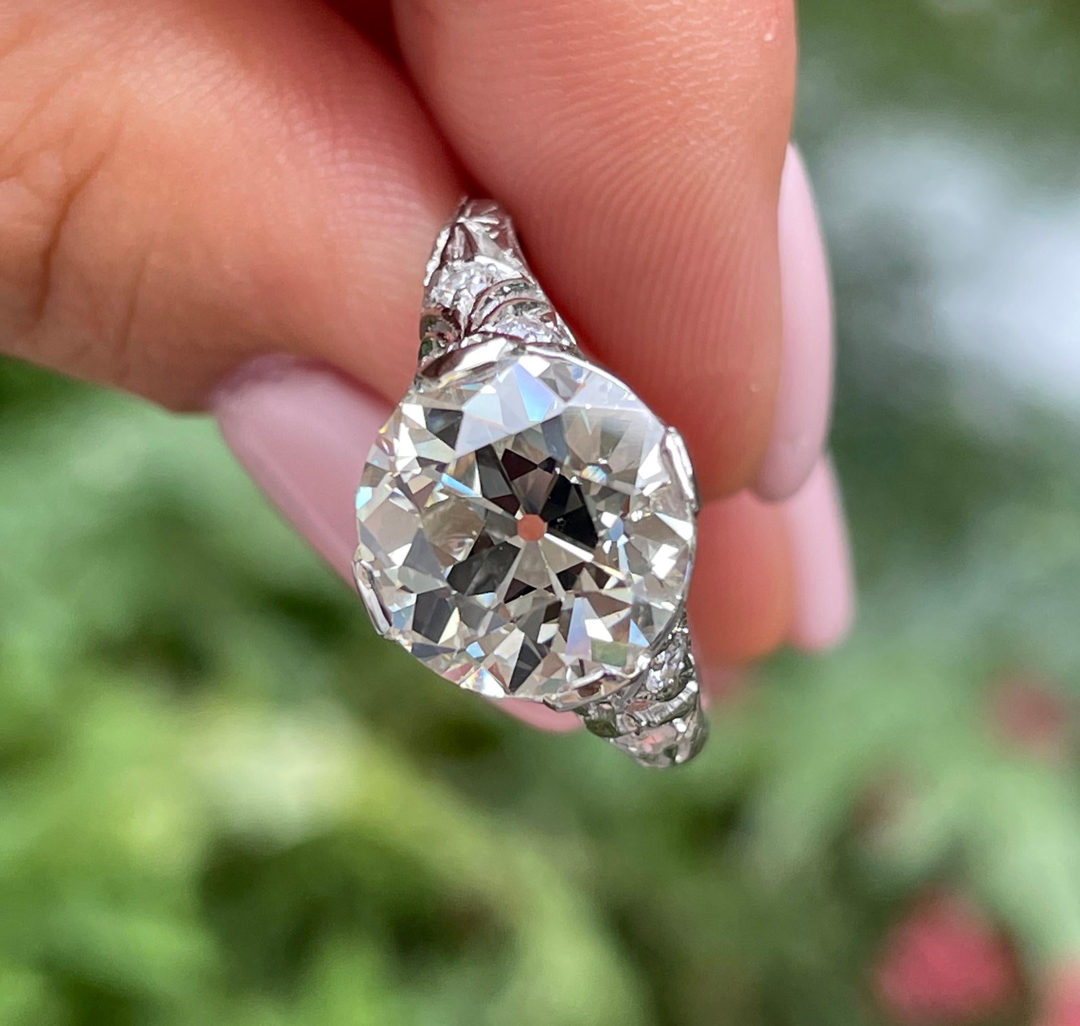 GIA Edwardian 4.45ctw Old European Diamond Platinum Engagement Ring For Sale 15