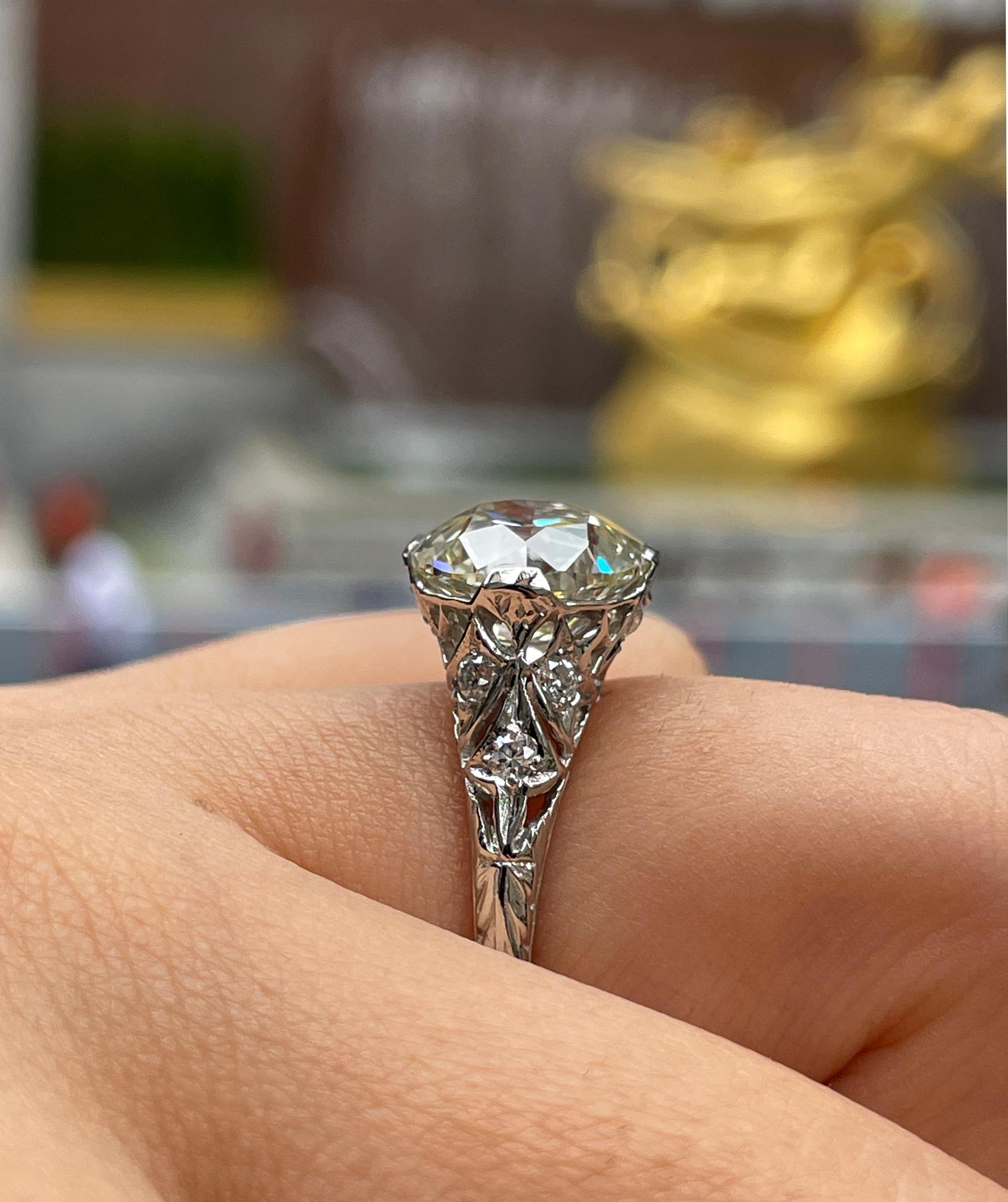GIA Edwardian 4.45ctw Old European Diamond Platinum Engagement Ring For Sale 4