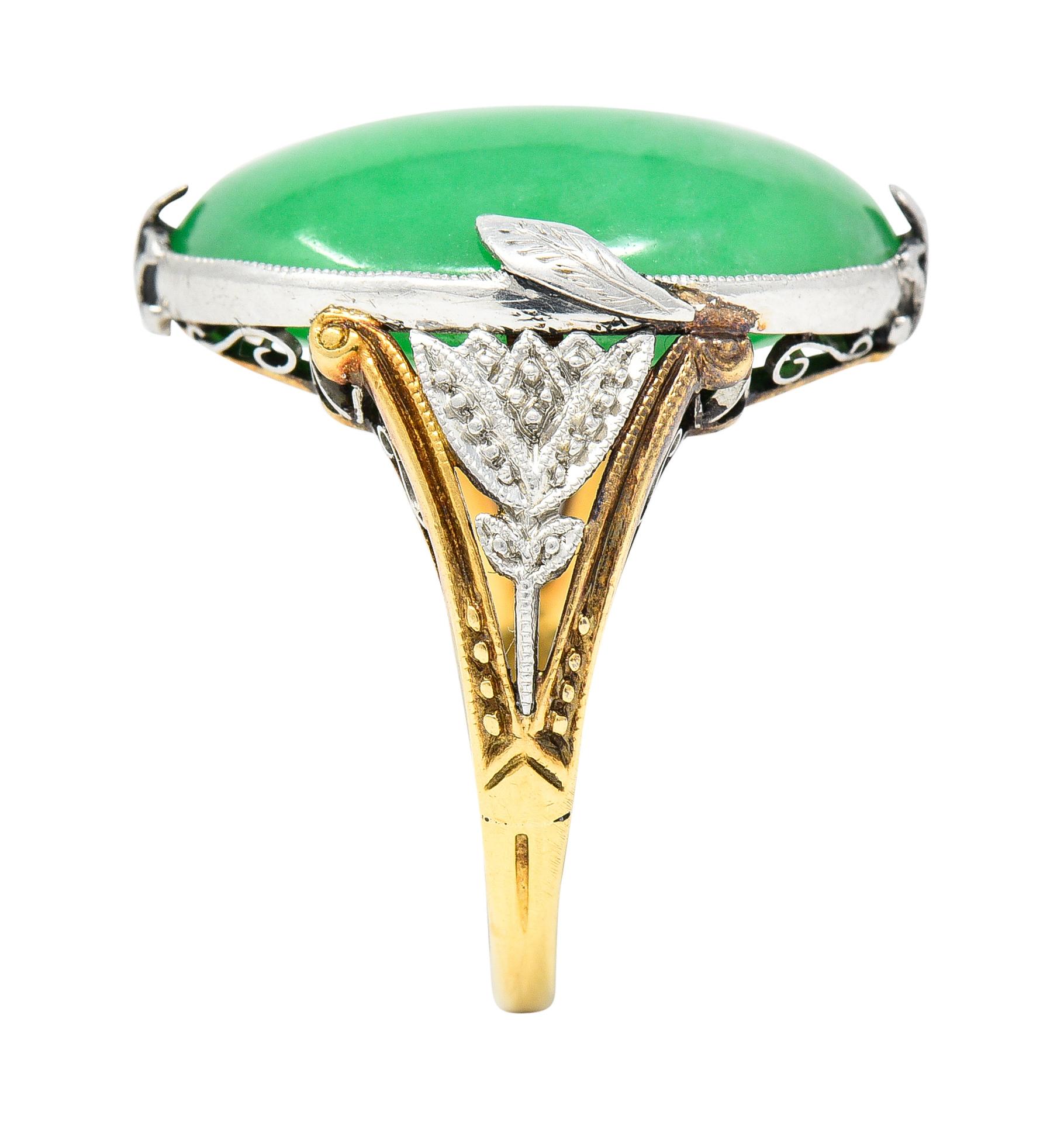 GIA Edwardian Natural Jadeite Jade Platinum 18 Karat Yellow Gold Antique Ring For Sale 5