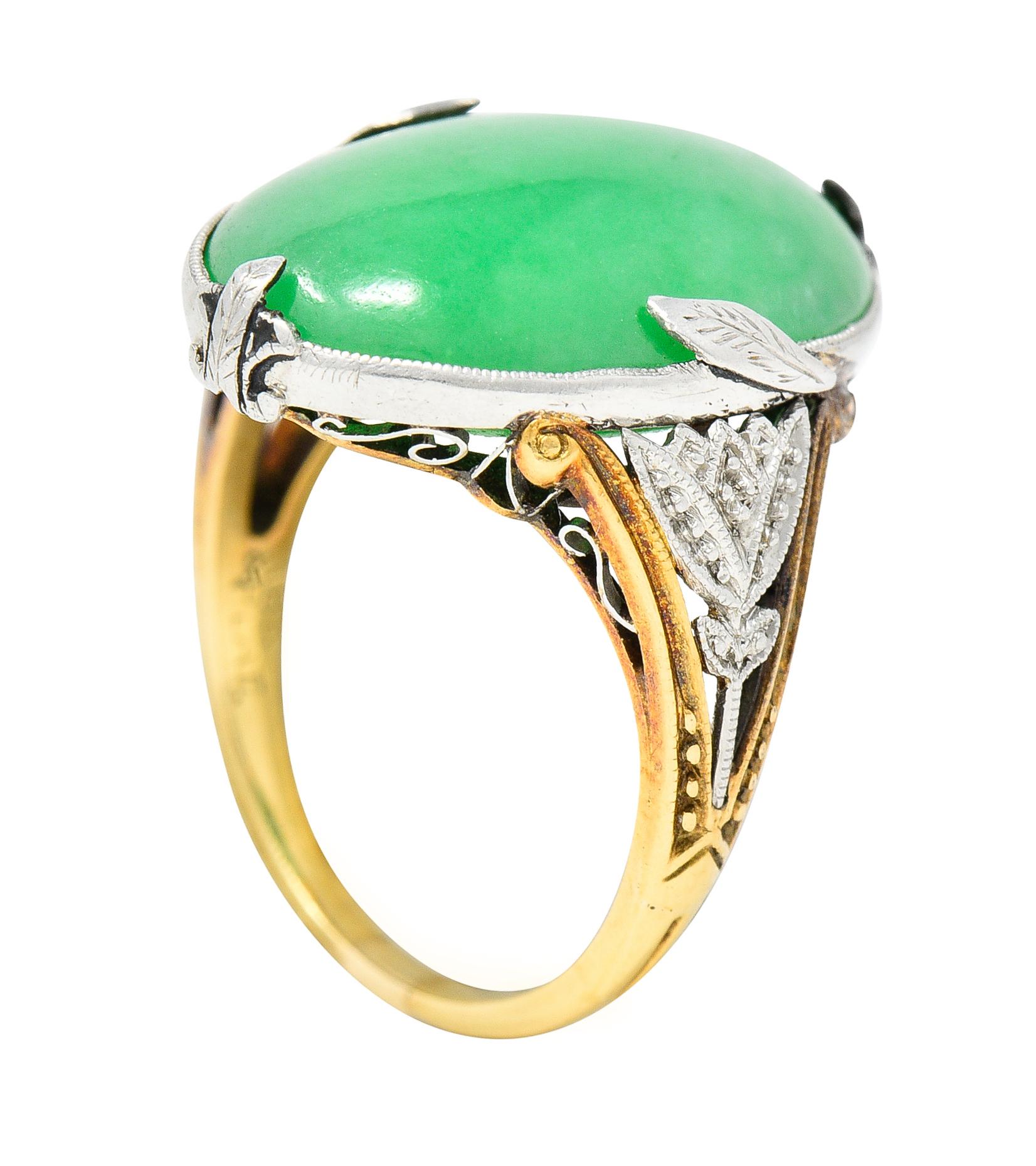 GIA Edwardian Natural Jadeite Jade Platinum 18 Karat Yellow Gold Antique Ring For Sale 6