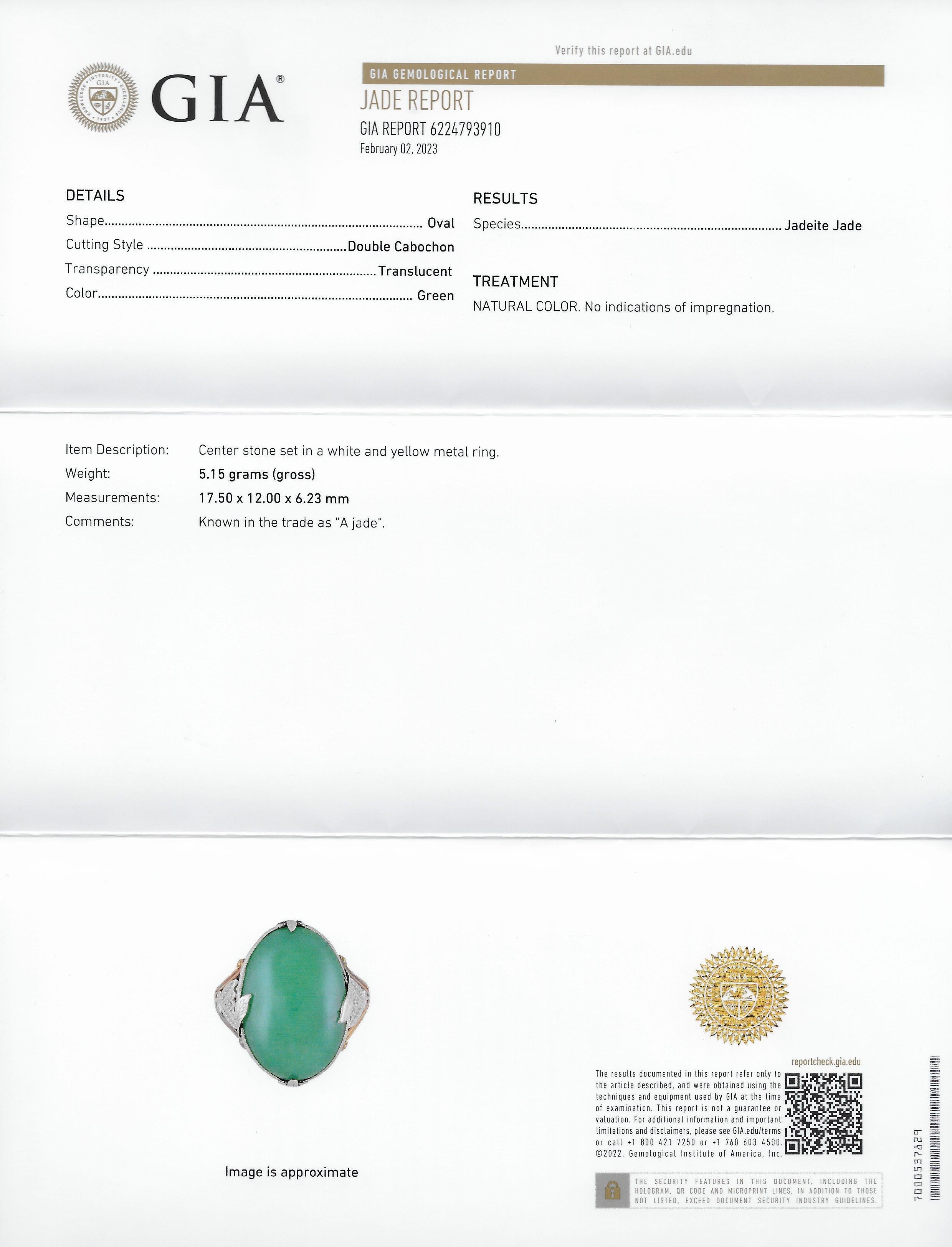 GIA Edwardian Natural Jadeite Jade Platinum 18 Karat Yellow Gold Antique Ring For Sale 7
