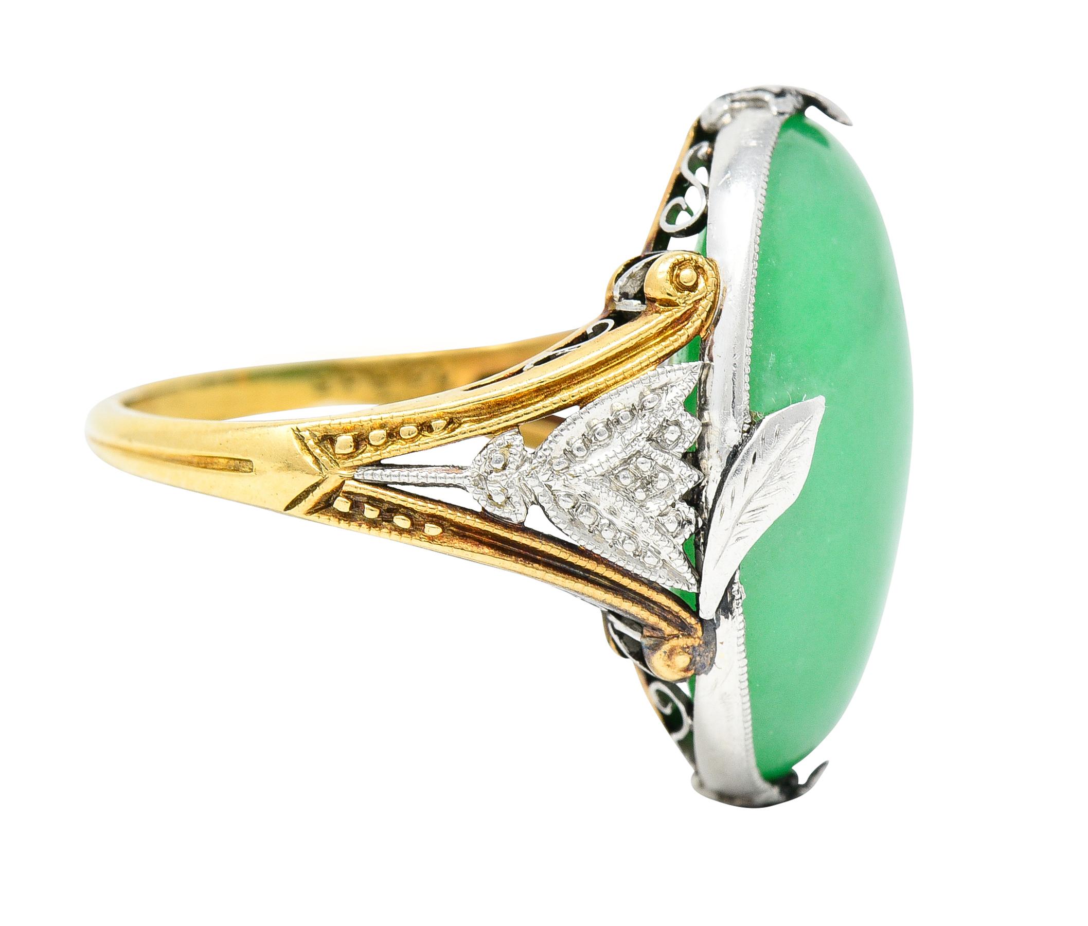 Cabochon GIA Edwardian Natural Jadeite Jade Platinum 18 Karat Yellow Gold Antique Ring For Sale