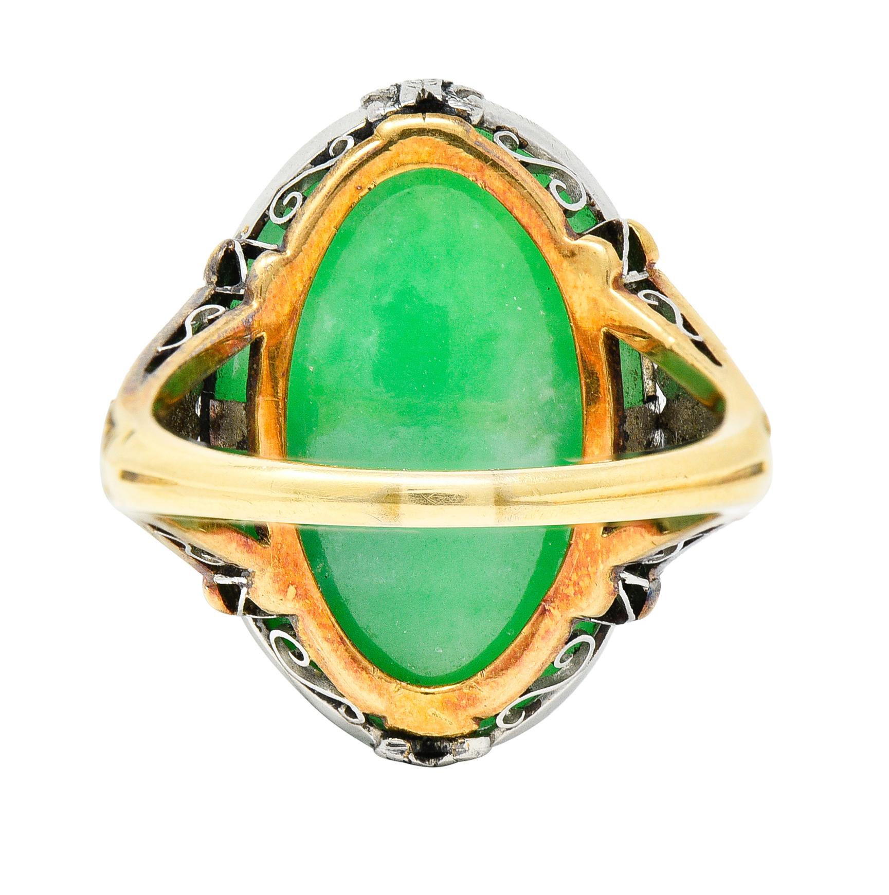 GIA Edwardian Natural Jadeite Jade Platinum 18 Karat Yellow Gold Antique Ring In Excellent Condition For Sale In Philadelphia, PA