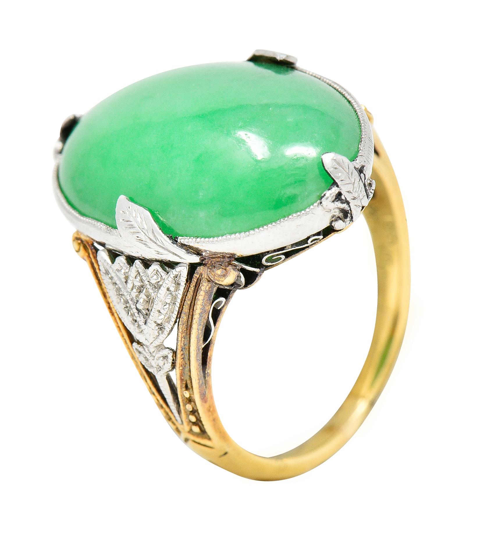 GIA Edwardian Natural Jadeite Jade Platinum 18 Karat Yellow Gold Antique Ring For Sale 3