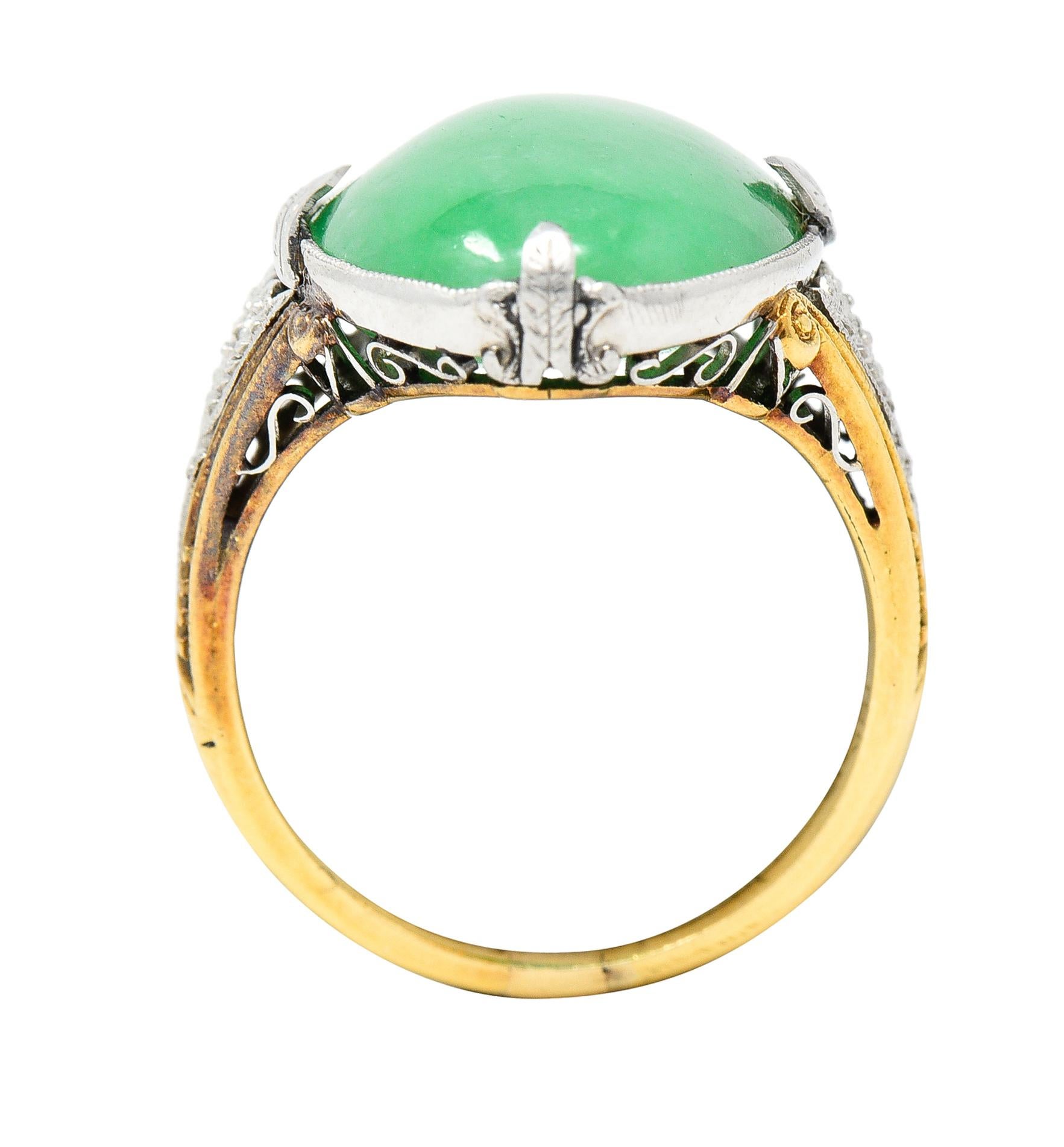 GIA Edwardian Natural Jadeite Jade Platinum 18 Karat Yellow Gold Antique Ring For Sale 4