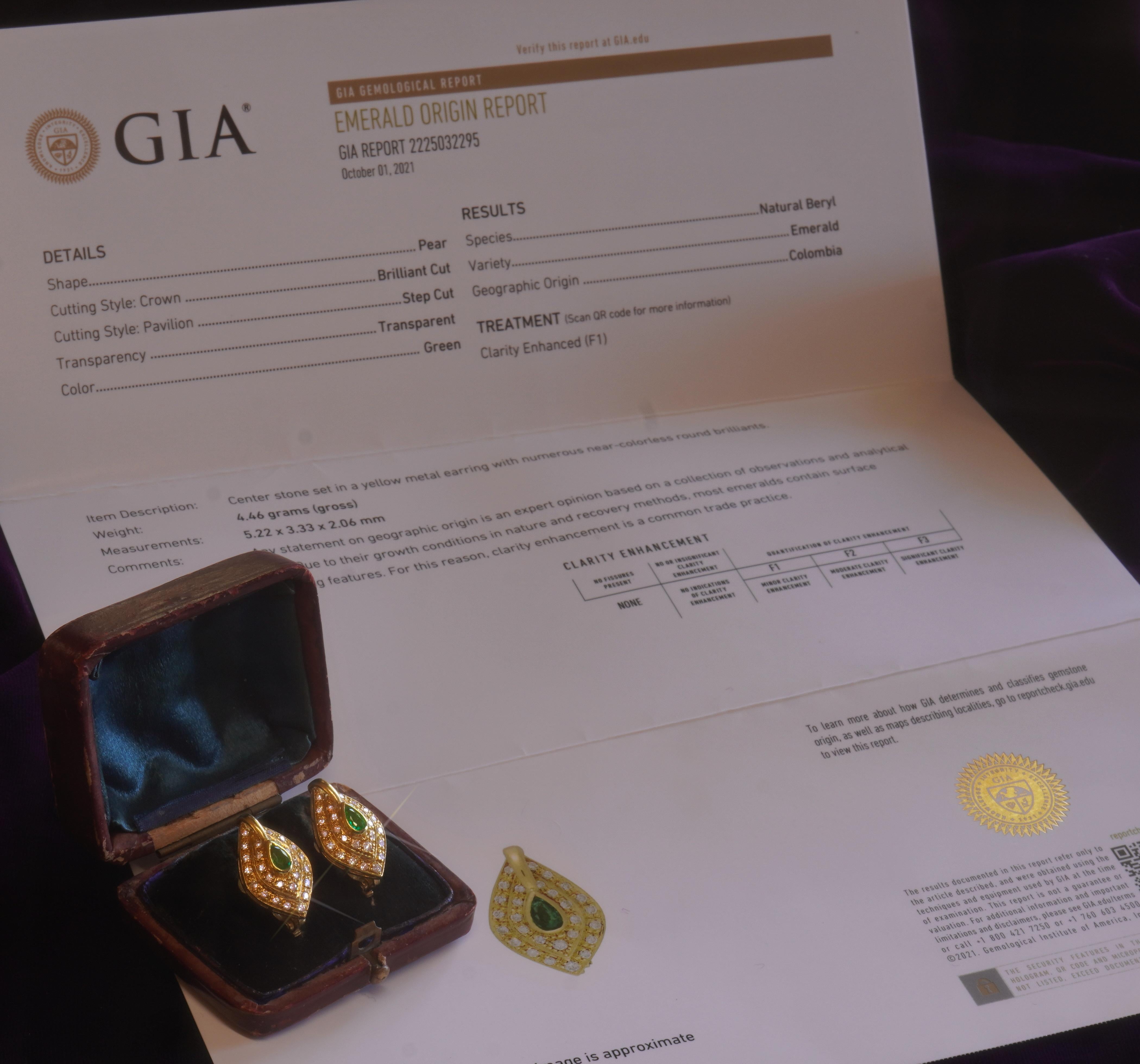 GIA Esmeralda 18K Pendientes Diamante Colombiano Vintage Certificado Natural VS 2.18 CTS Corte pera en venta