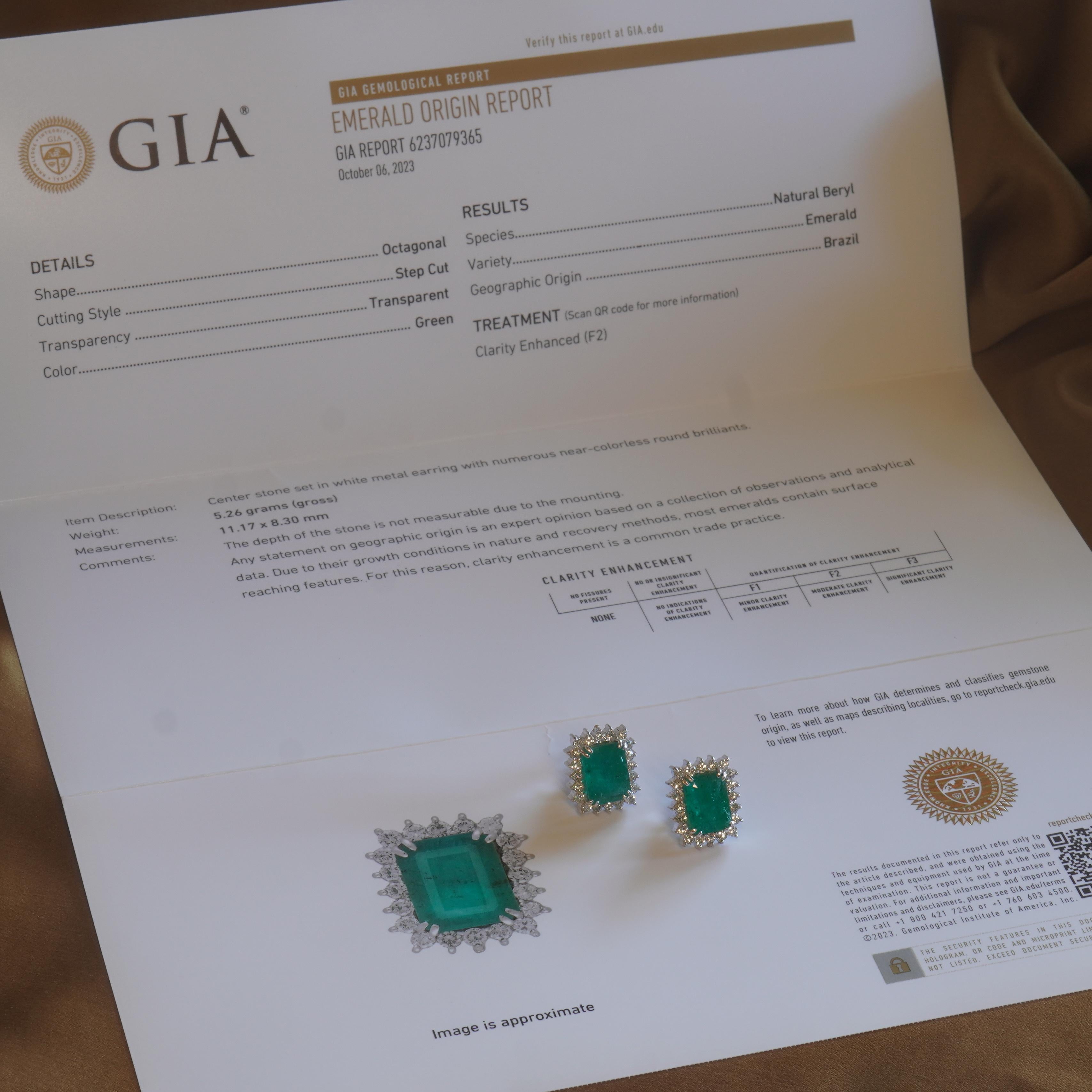 Old South Jewels proudly presents...LUXURY.  VINTAGE GIA CERTIFIED 12.18 CARAT EMERALDS & DIAMOND VINTAGE 18K EARRINGS & BOX!  BRILLIANT GREEN TRANSPARENT 10.56 CARATS NATURAL EMERALDS ARE CROWNED WITH 1.60 CARATS OF SPARKLING WHITE DIAMONDS.  FINE