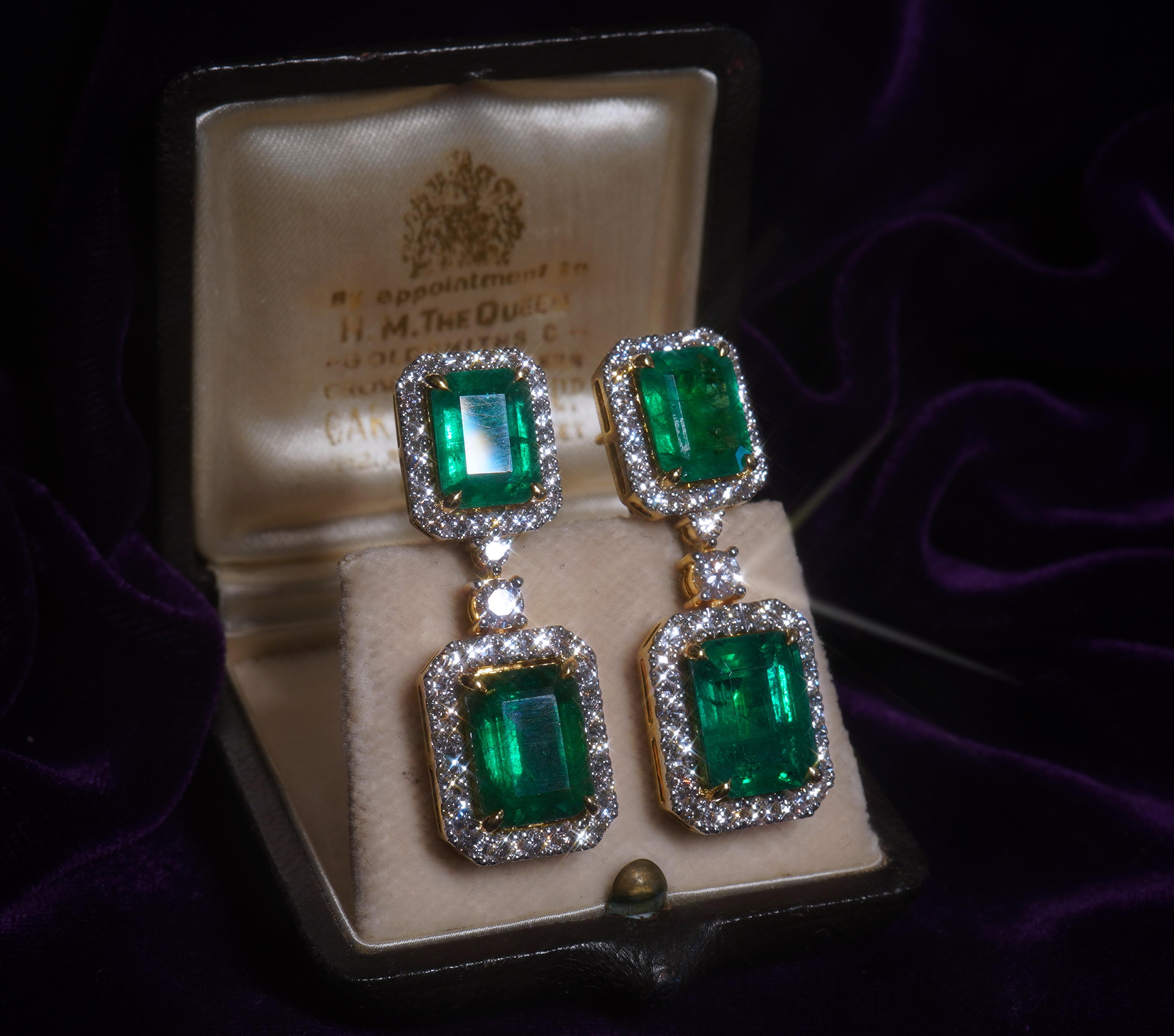 Emerald Cut GIA Emerald 18K Earrings Diamond Vintage Certified Natural VVS Huge 21.86 Carats