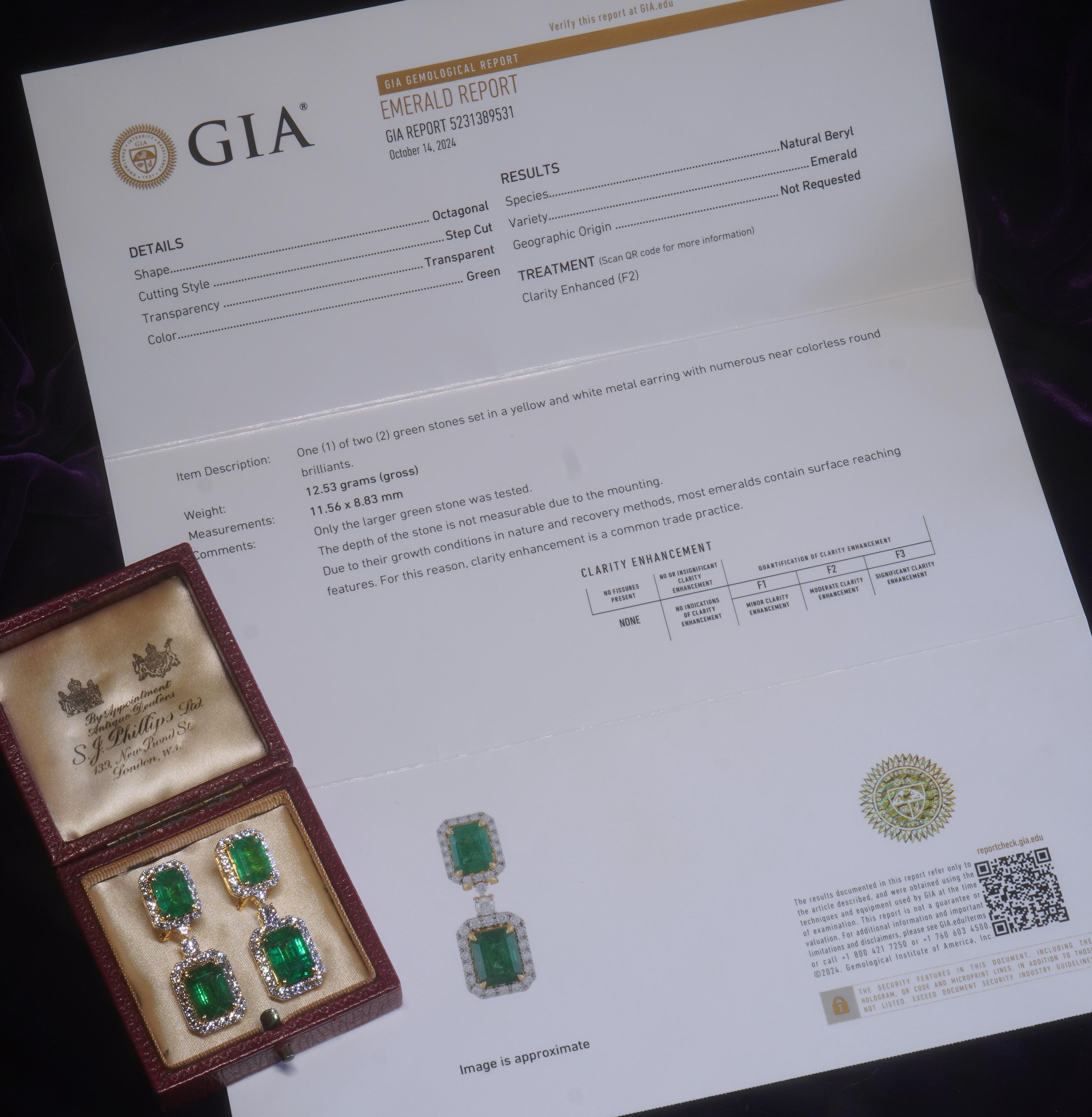 Women's GIA Emerald 18K Earrings Diamond Vintage Certified Natural VVS Huge 21.86 Carats