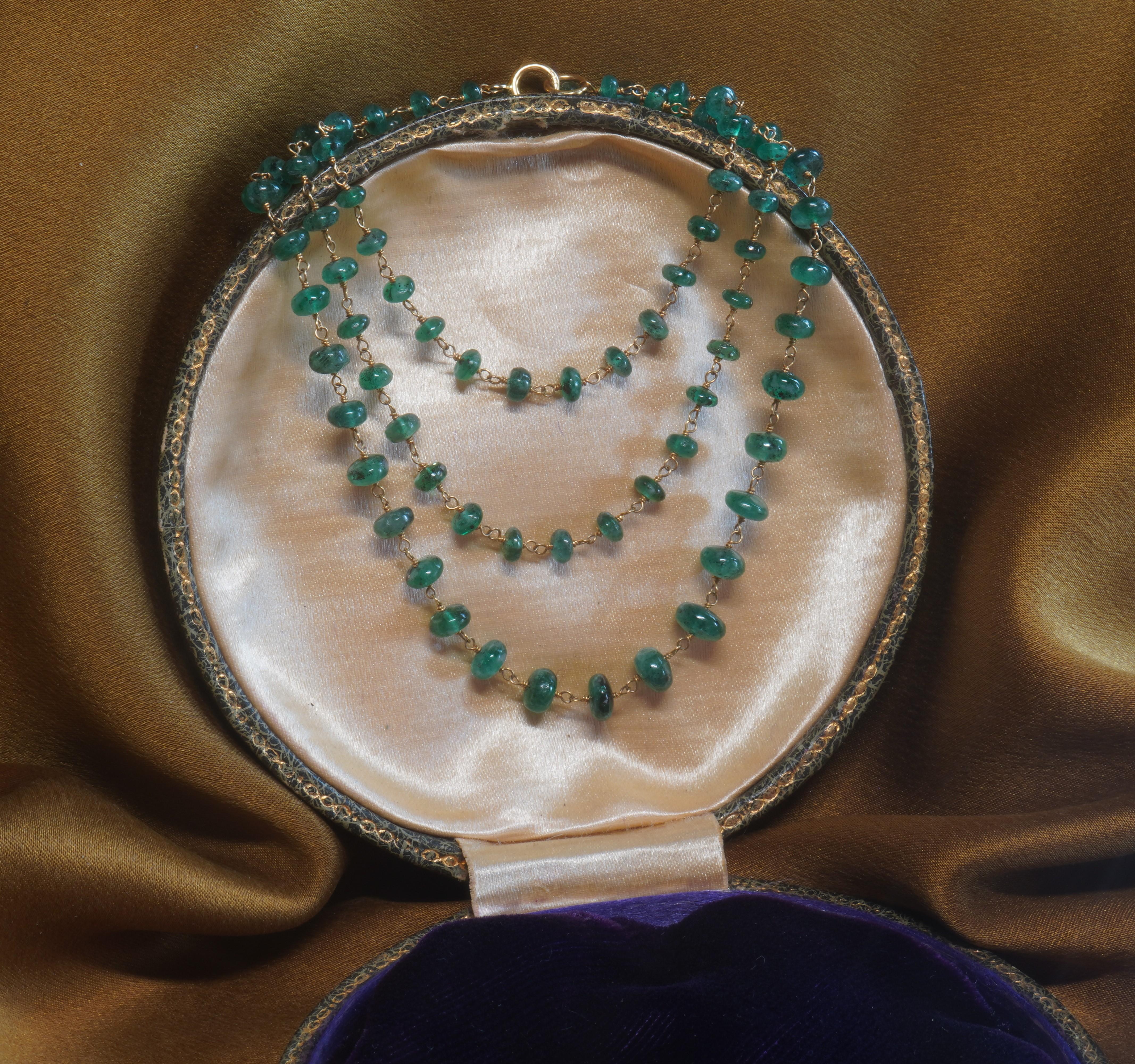 Old South Jewels proudly presents LUXURY.   GIA Certified GORGEOUS 18K GOLD 15.33 CARATS EMERALD NECKLACE AND BOX!   Vintage Natural Brazilian Emeralds--Stunning!  

BEAUTIFUL 18 INCHES LONG NECKLACE.  Very Classy. These Will Take You Anywhere.