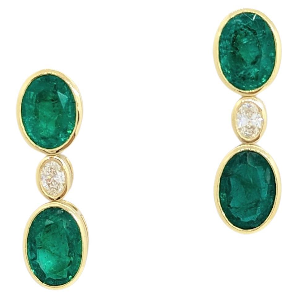 GIA Emerald and White Diamond Dangle Earrings in 18K Yellow Gold