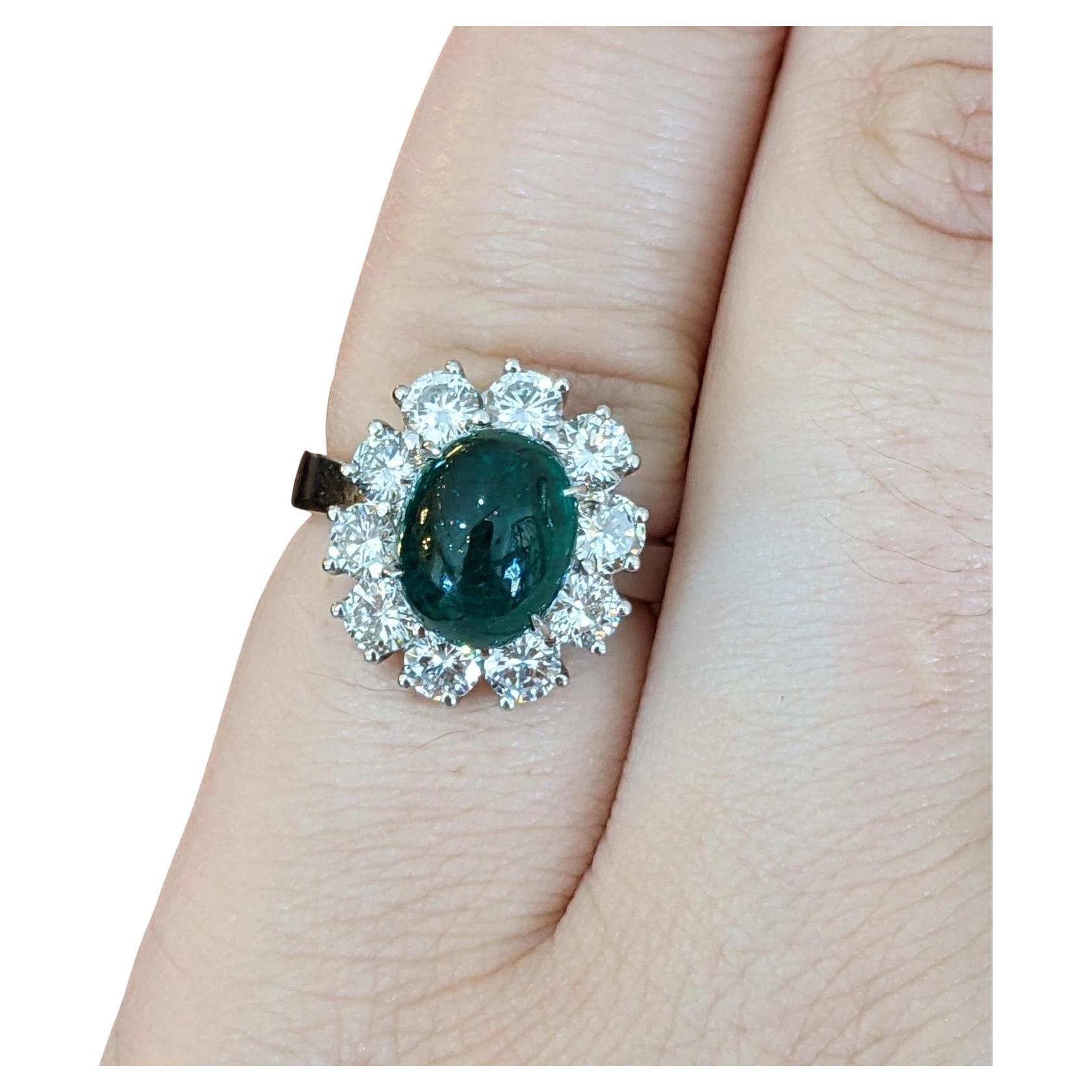 GIA Emerald Cabochon 3.48 ct with 1.60 ct Round Diamonds in Platinum