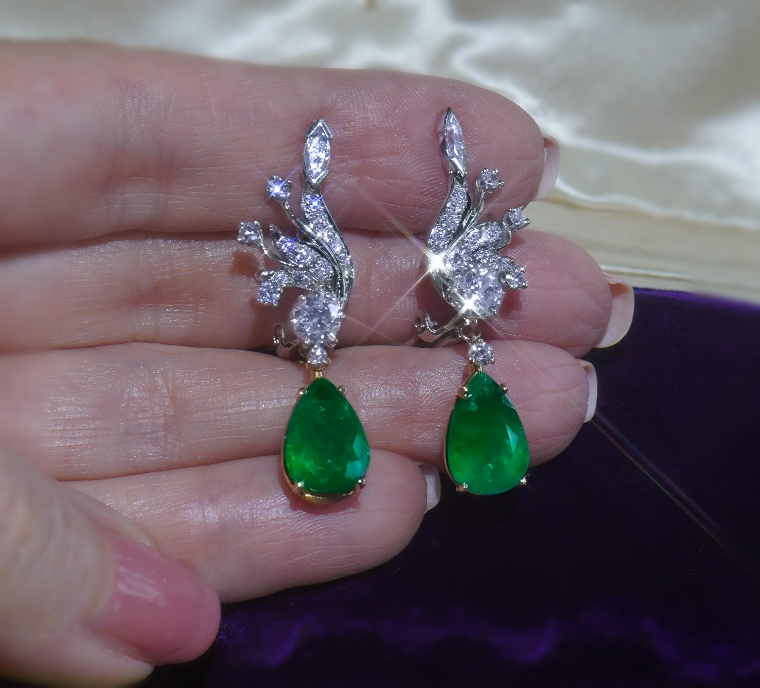 Round Cut GIA Emerald Columbian Diamond 14k Vintage Certified Huge Fine 8.16 TCW Earrings