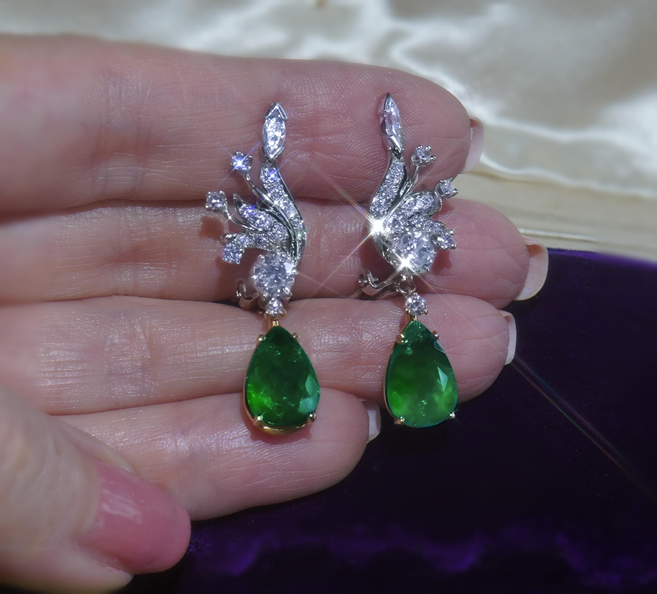 Women's GIA Emerald Columbian Diamond 14k Vintage Certified Huge Fine 8.16 TCW Earrings