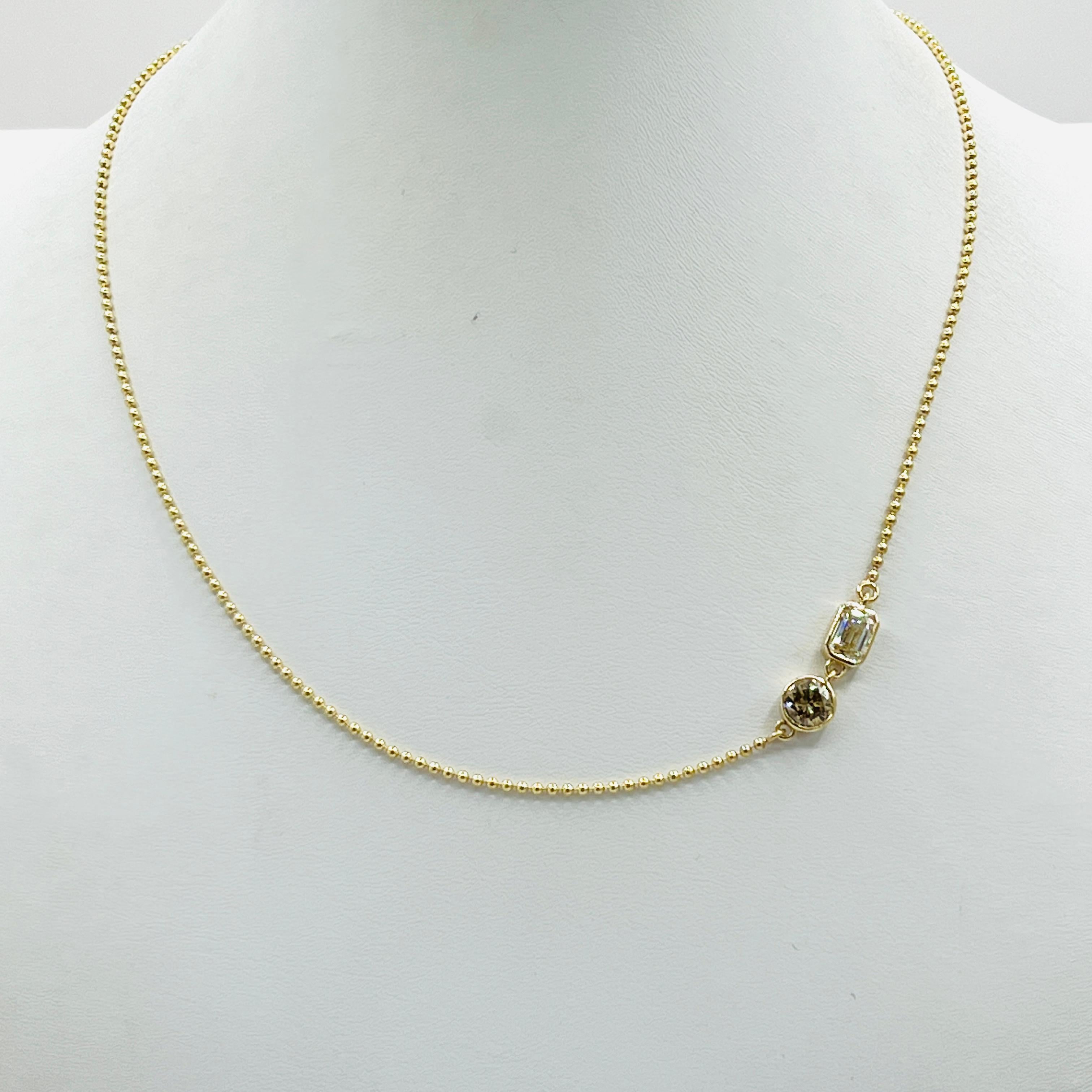 da uomo o donna Collana a catena Ball and Ball con diamanti rotondi marroni e taglio smeraldo GIA in oro giallo 14K in vendita