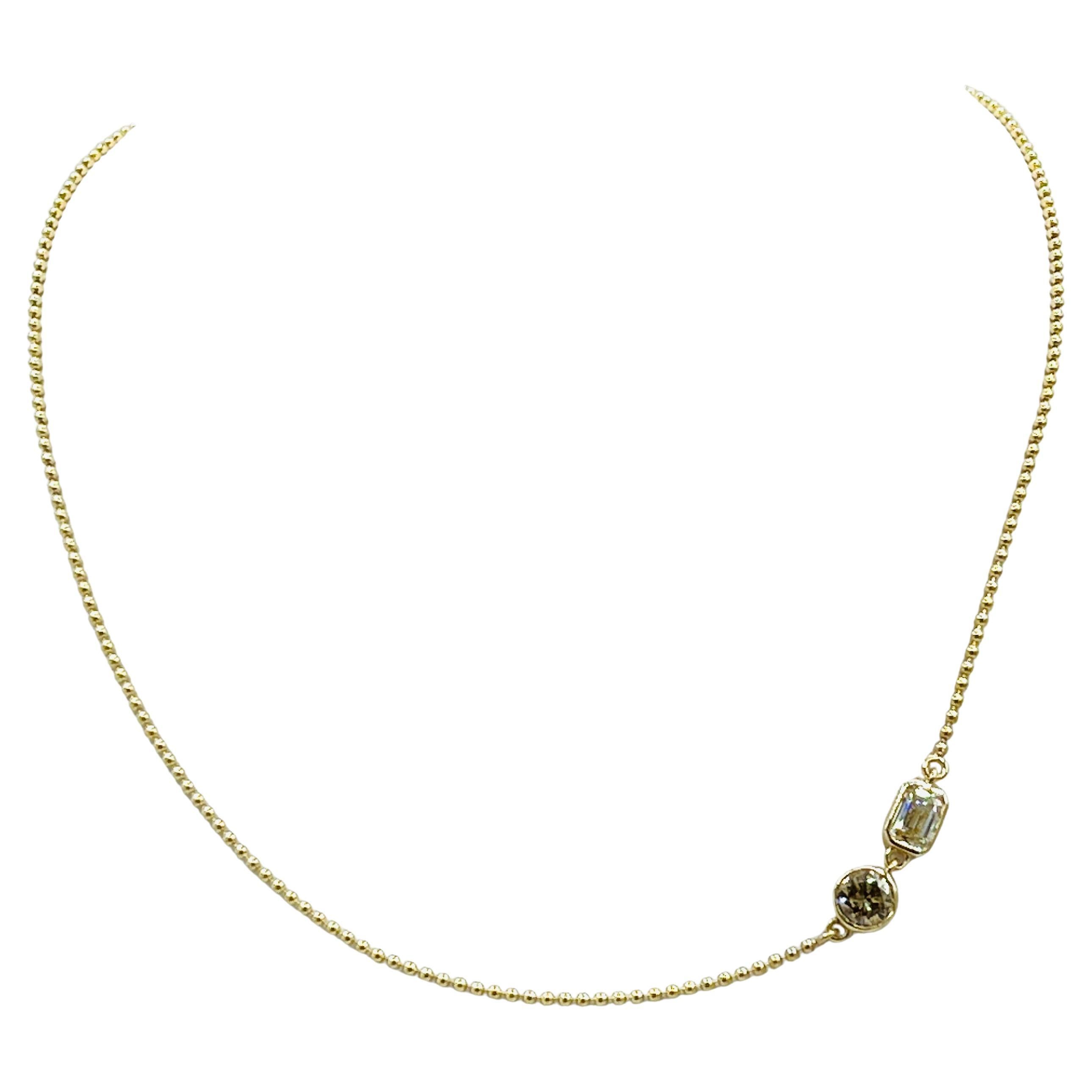 Collana a catena Ball and Ball con diamanti rotondi marroni e taglio smeraldo GIA in oro giallo 14K in vendita