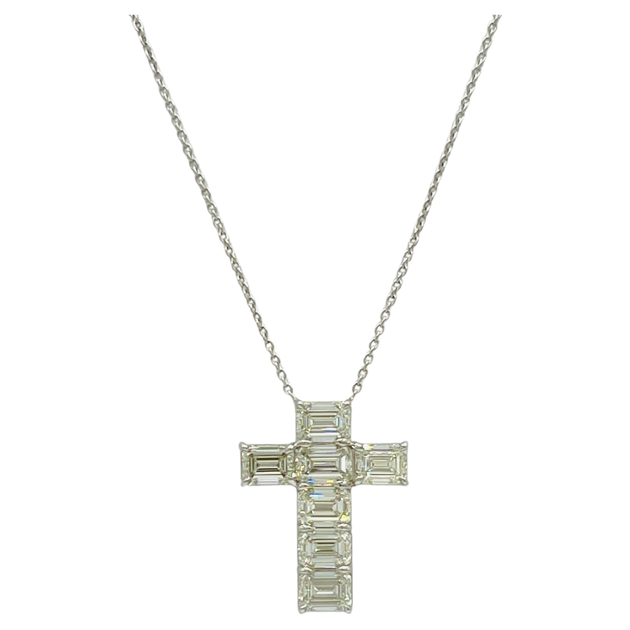 GIA Emerald Cut Diamond 1.50 Carat Each Cross Pendant Necklace in 18K White Gold