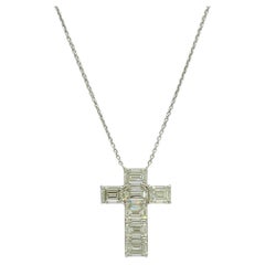 GIA Emerald Cut Diamond 1.50 Carat Each Cross Pendant Necklace in 18K White Gold