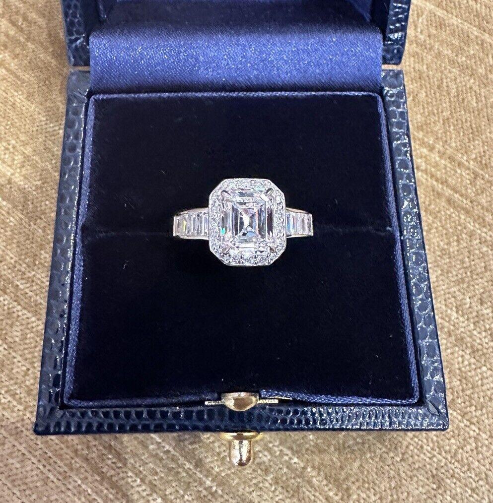 GIA Emerald Cut Diamond 1.92 carat D-VS1 Engagement Halo Ring in Platinum In Excellent Condition In La Jolla, CA
