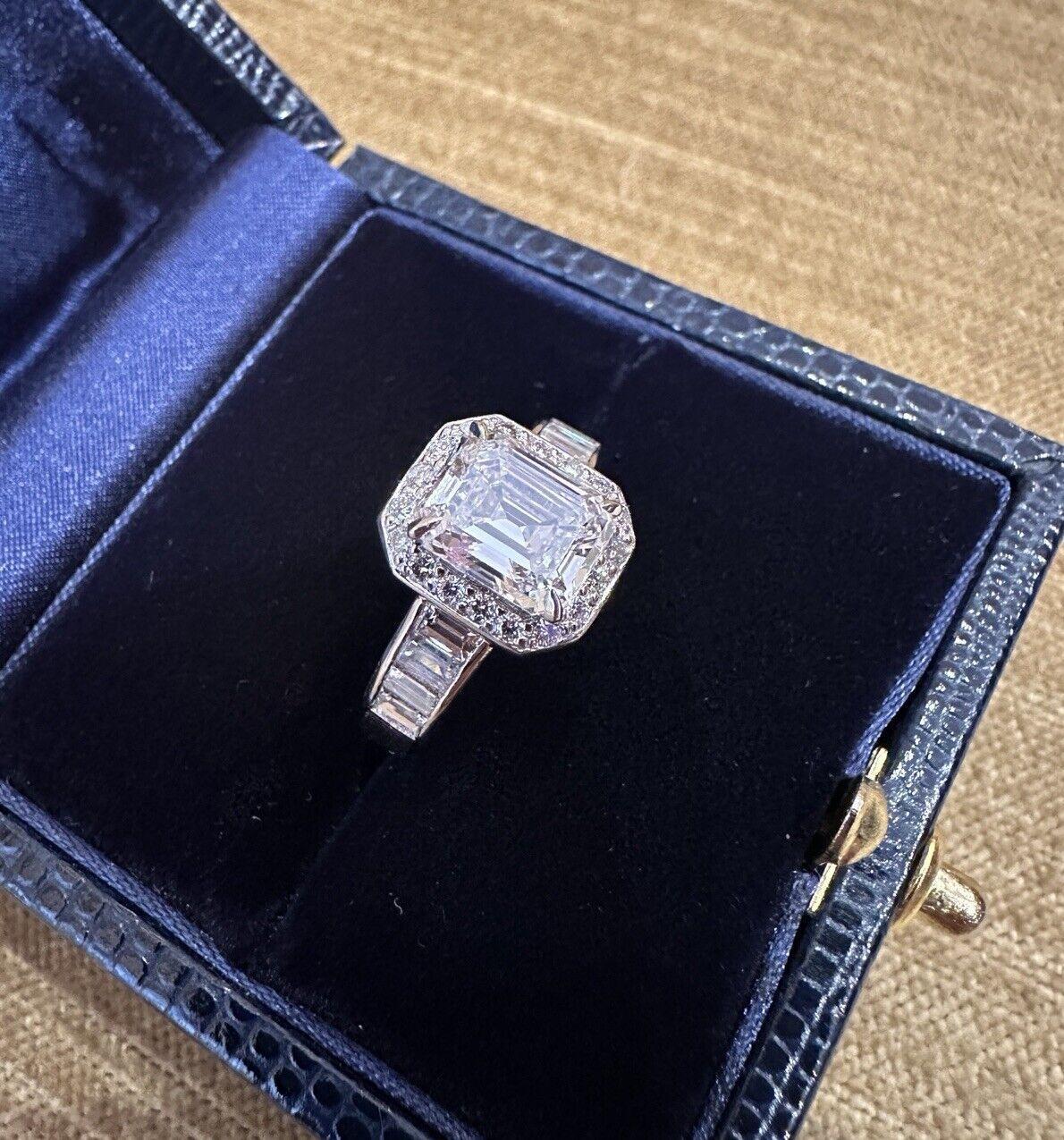Women's GIA Emerald Cut Diamond 1.92 carat D-VS1 Engagement Halo Ring in Platinum