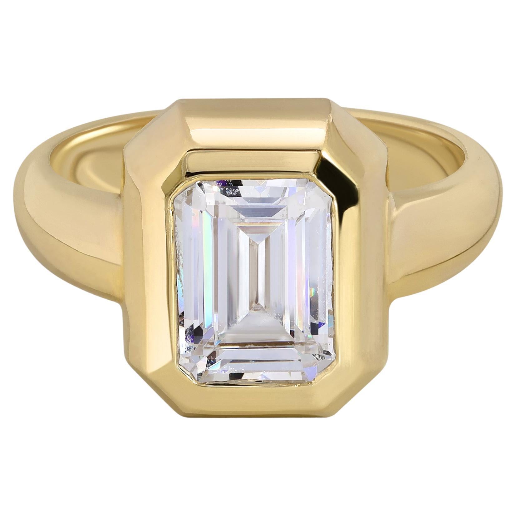 2 Carat Emerald Cut Bezel Set Diamond Engagement Ring 14k Yellow Gold 