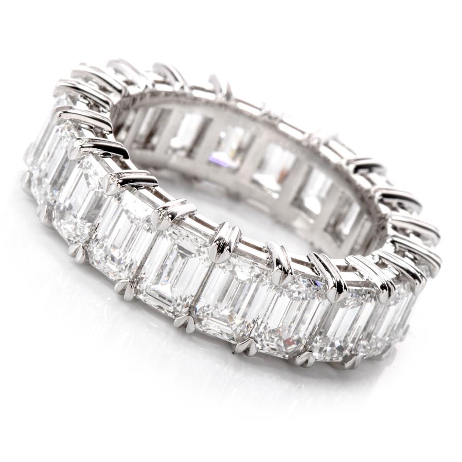 A Bold and Elegance is a statement describing this stunning

GIA Certified Emerald Cut Eternity Band RIng.

20 Vibrant, White high quality Emerald Cut Diamonds wrap around this band from 

end to end. weighing approx 6.09 carats. All of D,E,F color.