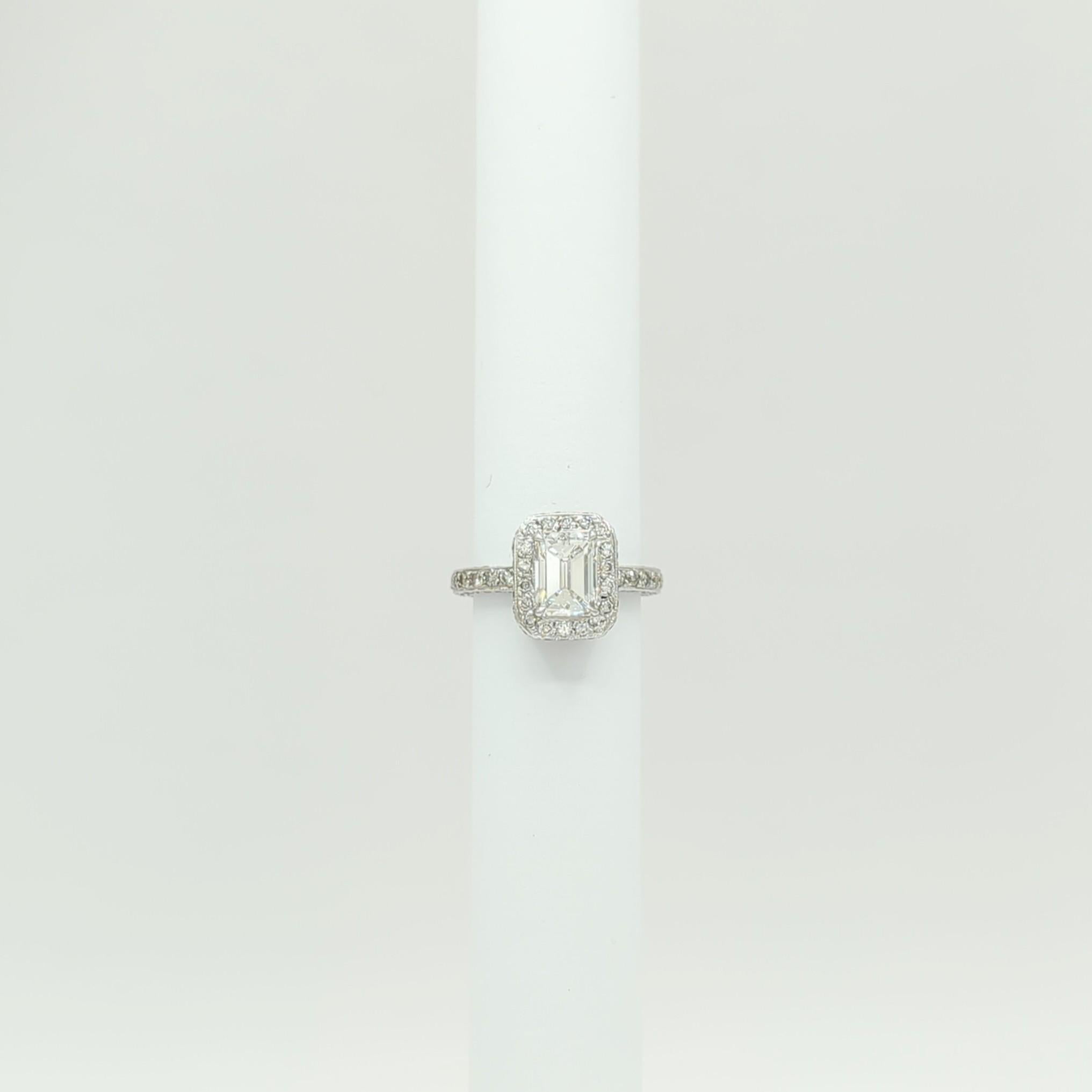 Women's or Men's GIA Emerald Cut Diamond Ring in 18k White Gold For Sale