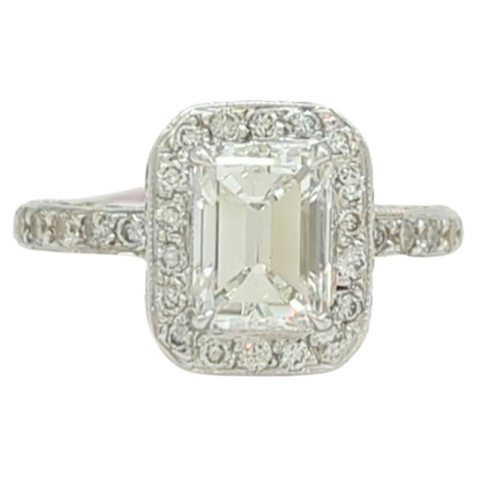 GIA Emerald Cut Diamond Ring in 18k White Gold For Sale