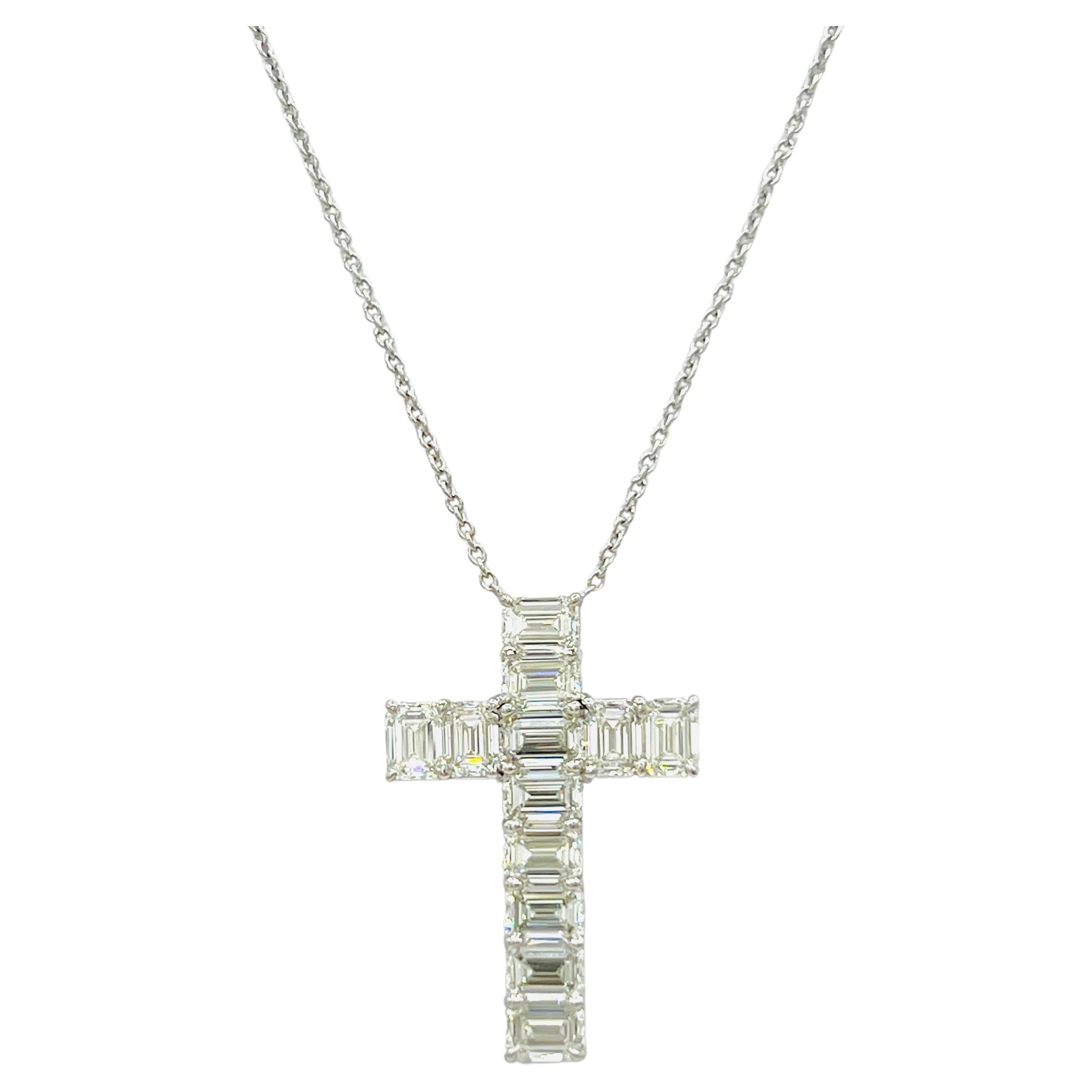 GIA Emerald Cut White Diamond 0.50 ct. Each Cross Pendant Necklace in 18K For Sale