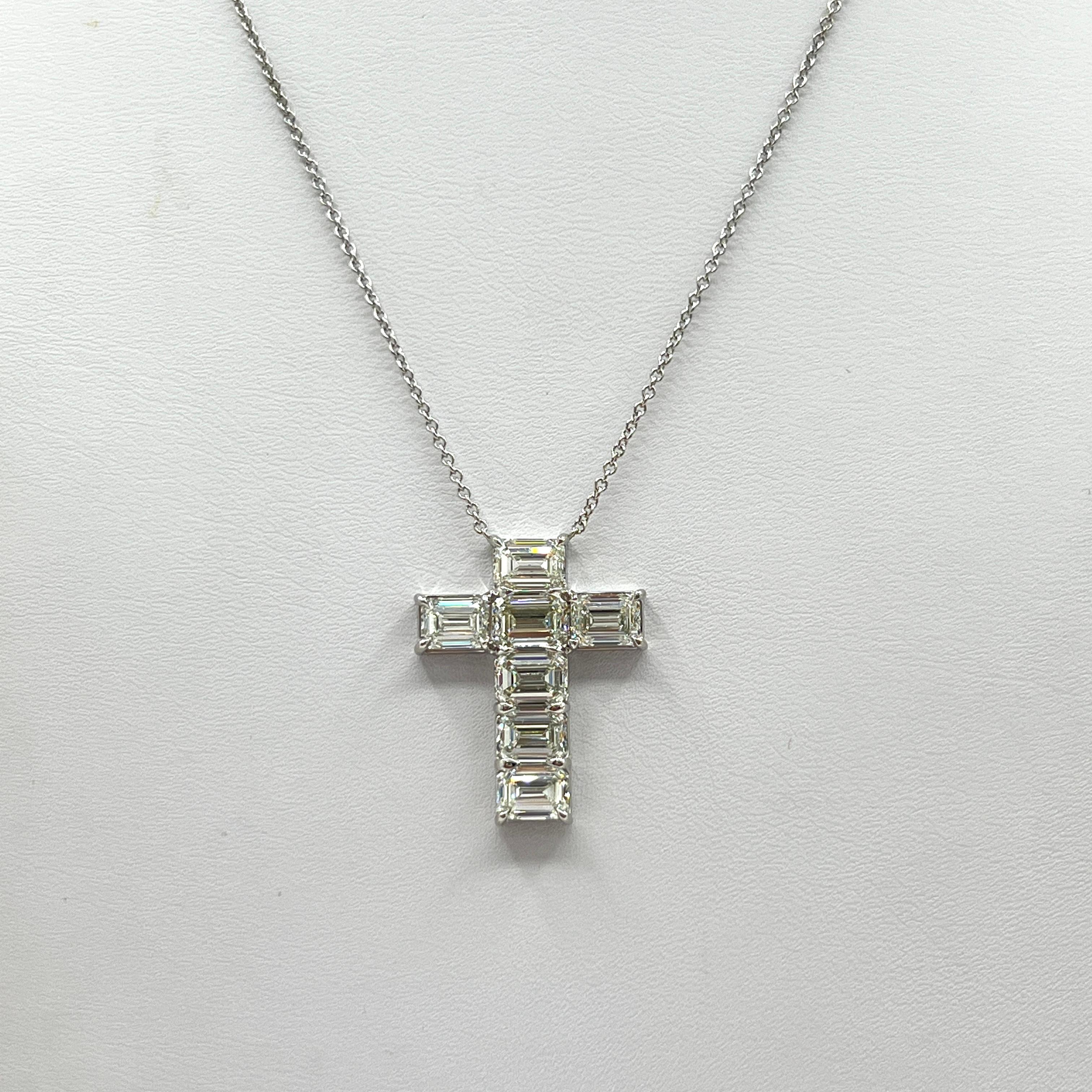 GIA Emerald Cut White Diamond Cross Pendant Necklace in 18K White Gold
