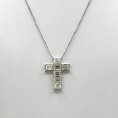 GIA Emerald Cut White Diamond Cross Pendant Necklace in 18K White Gold