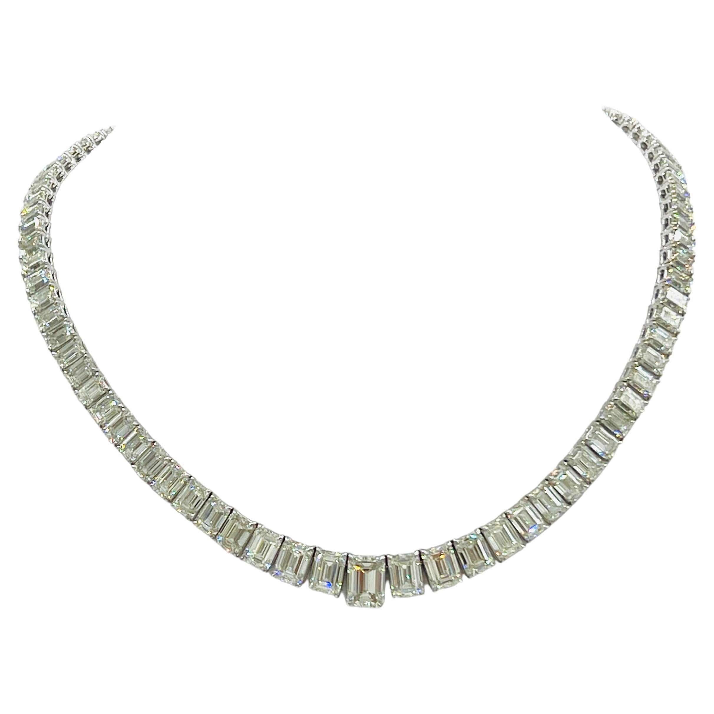 GIA Emerald Cut White Diamond Riviera Necklace 18K White Gold