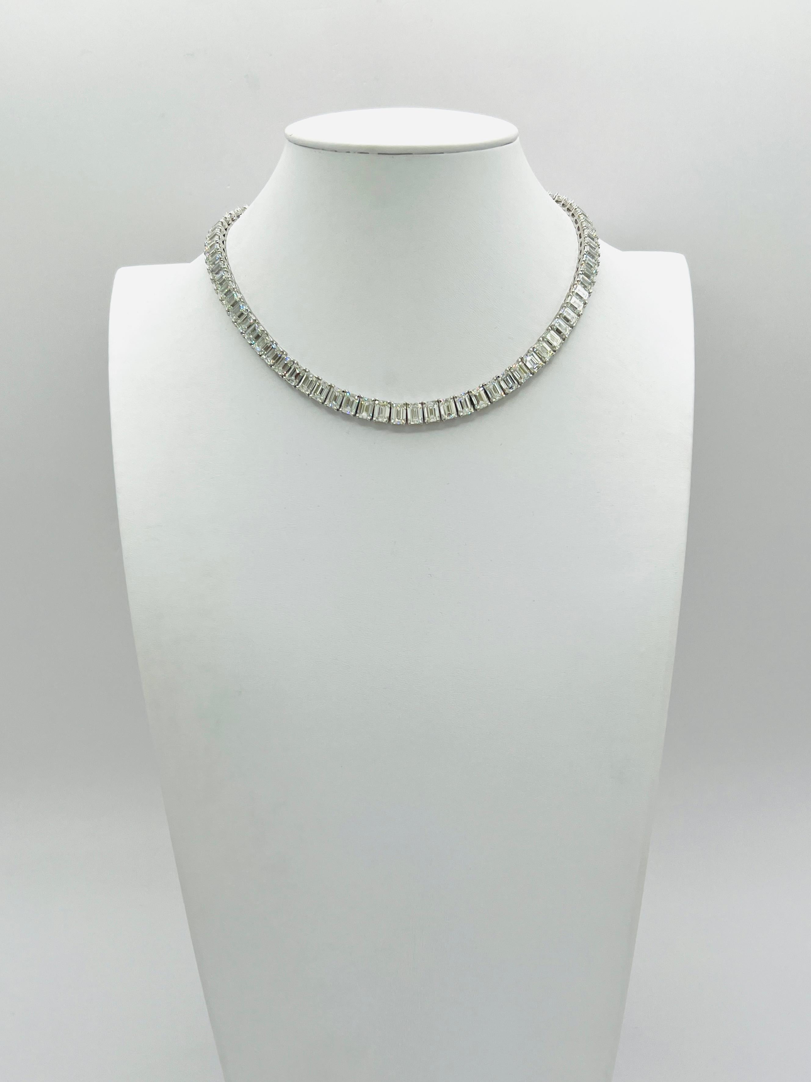 Women's or Men's GIA Emerald Cut White Diamond Tennis Necklace in 18K White Gold