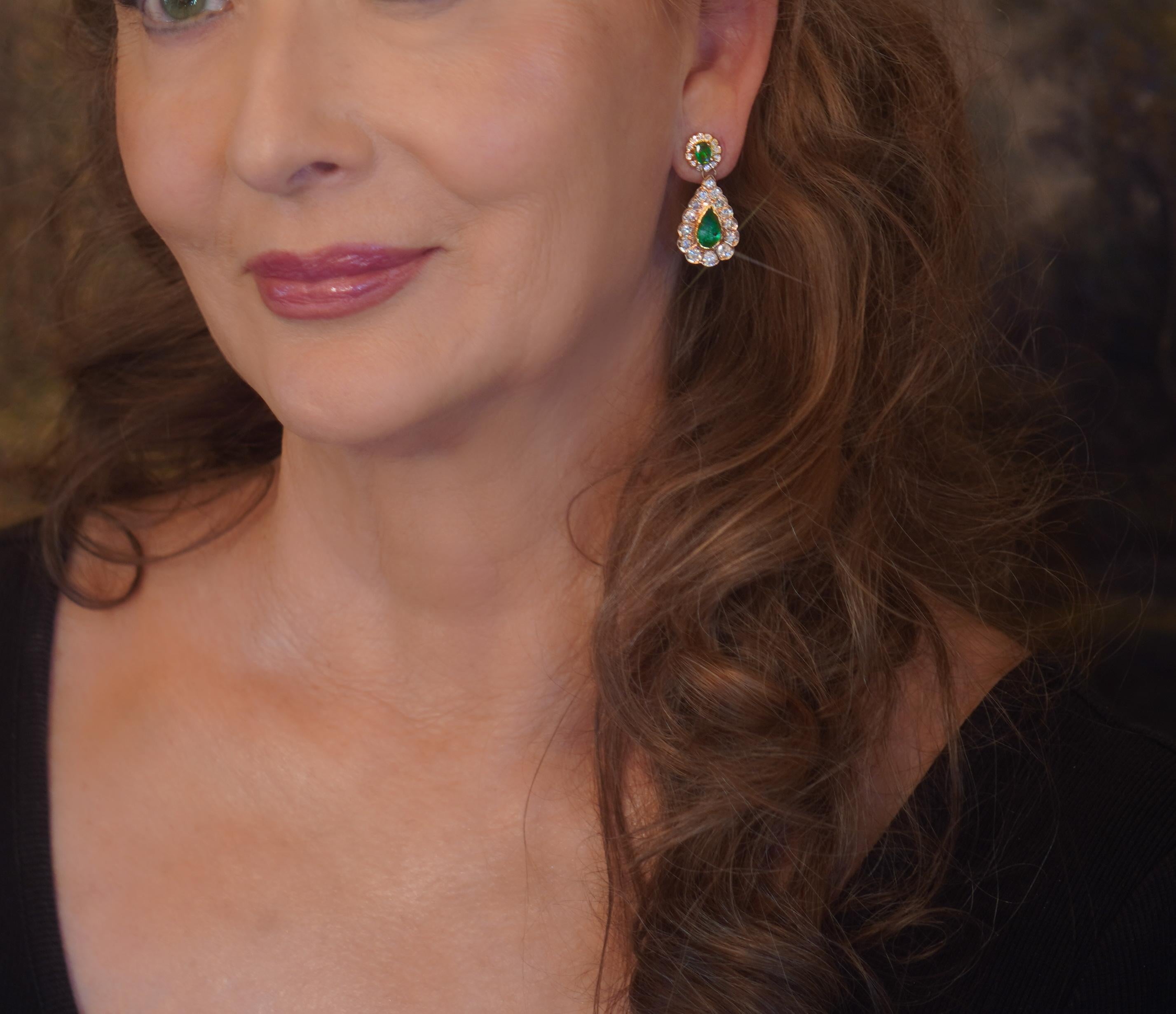 Old South Jewels proudly presents LUXURY.   ANTIQUE GIA CERTIFIED 8.68 CARAT RARE EMERALDS & DIAMOND 14K EARRINGS & BOX!   VIVID GREEN TRANSPARENT EMERALDS ARE CROWNED WITH 3.92 CARATS OF SPARKLING OL MINE CUT DIAMONDS.  FINE ANTIQUE EARRINGS ARE