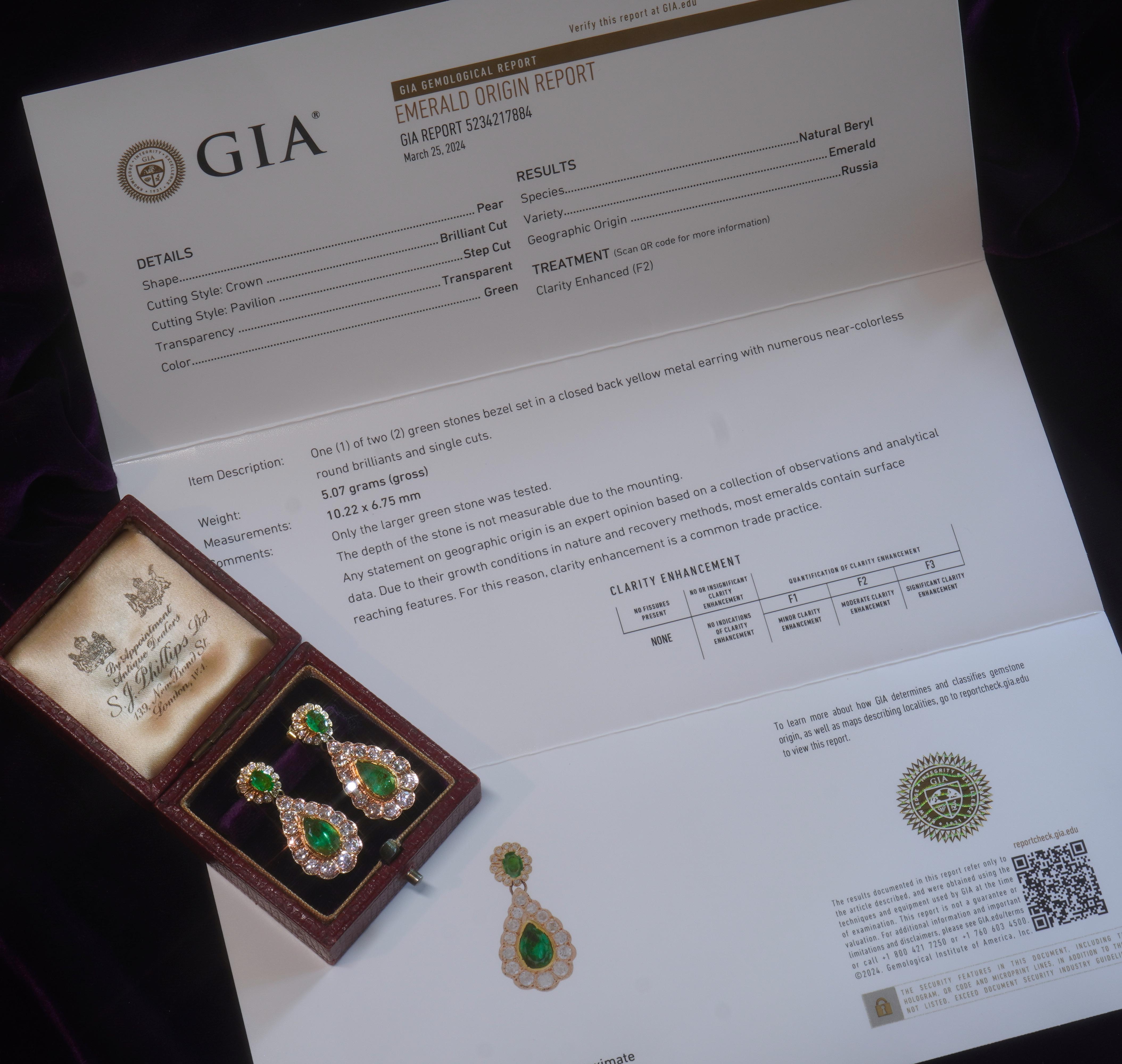 Pear Cut GIA Emerald Diamond 14K Gold Vintage Earrings Old Mine Certified 8.68 Carats For Sale
