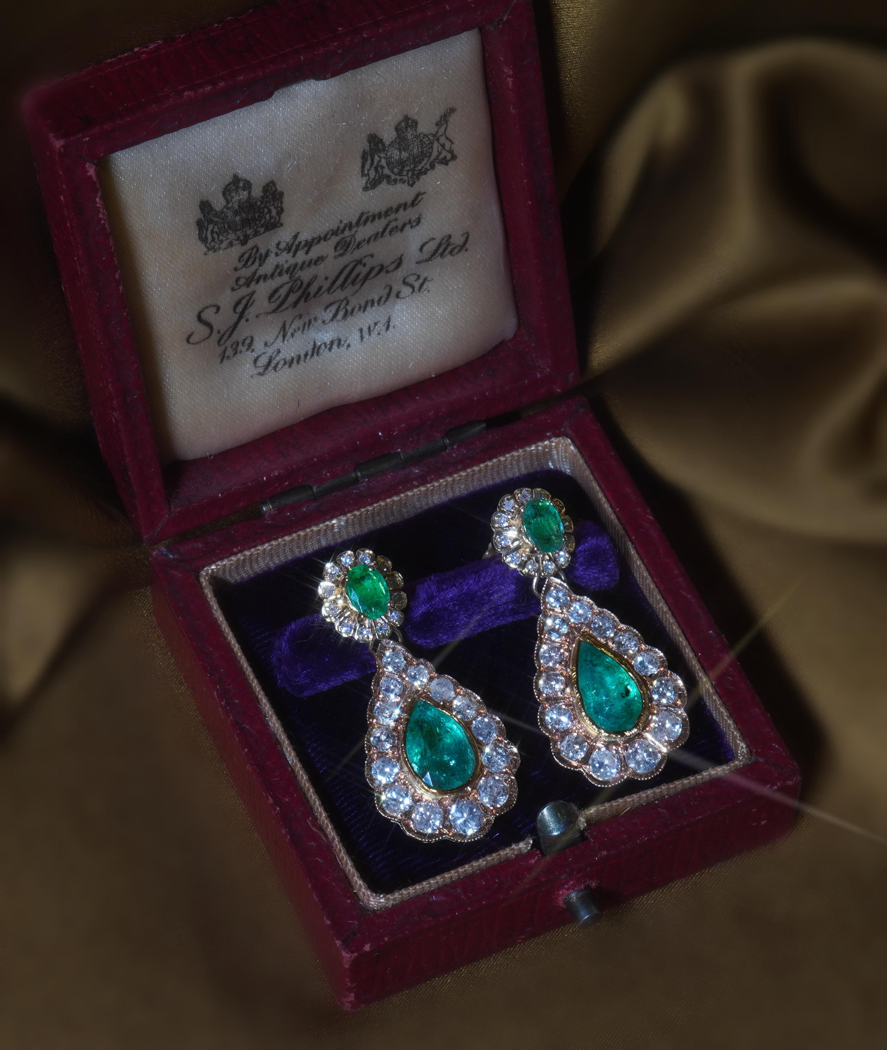 Women's GIA Emerald Diamond 14K Gold Vintage Earrings Old Mine Certified 8.68 Carats For Sale