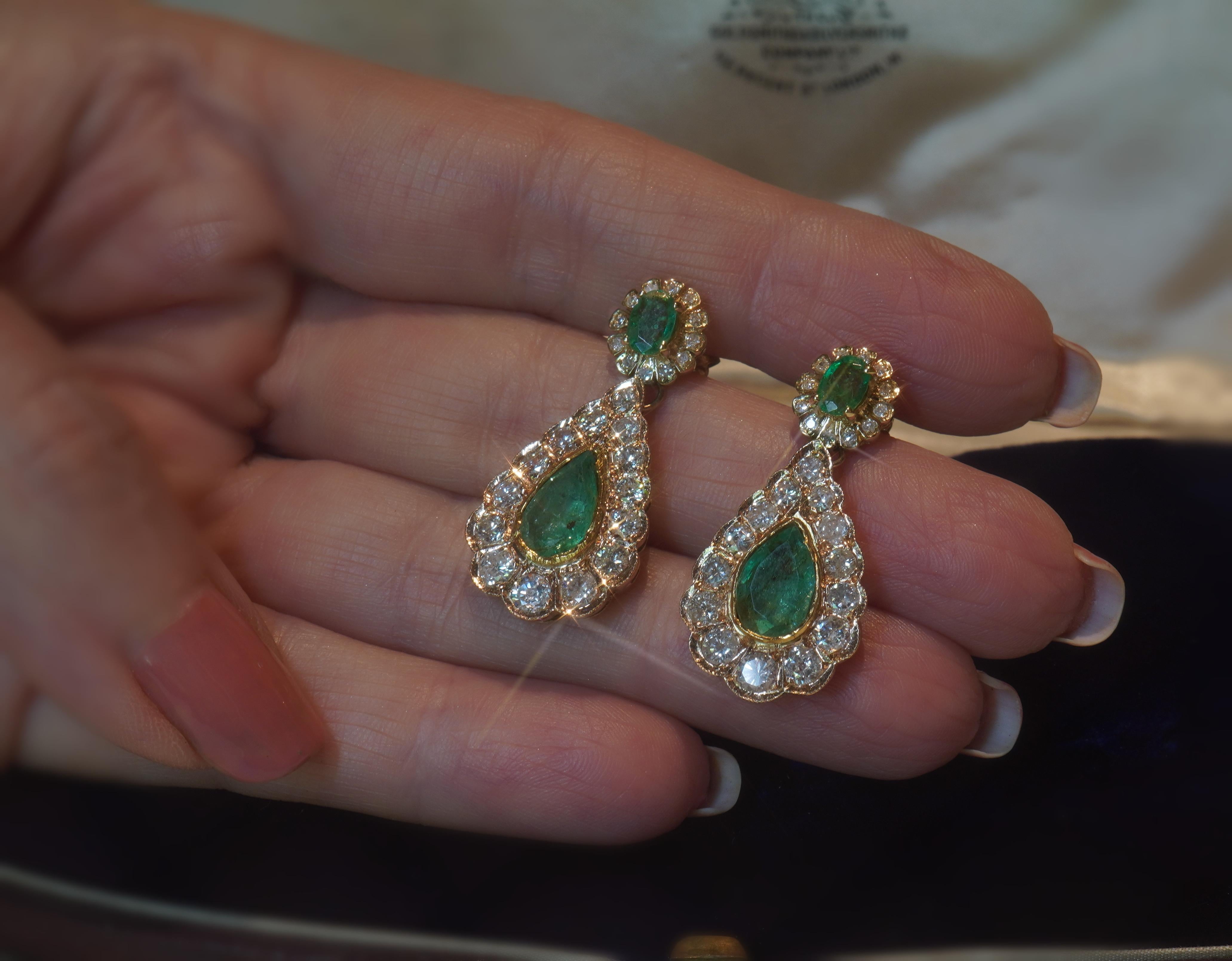 GIA Emerald Diamond 14K Gold Vintage Earrings Old Mine Certified 8.68 Carats For Sale 3