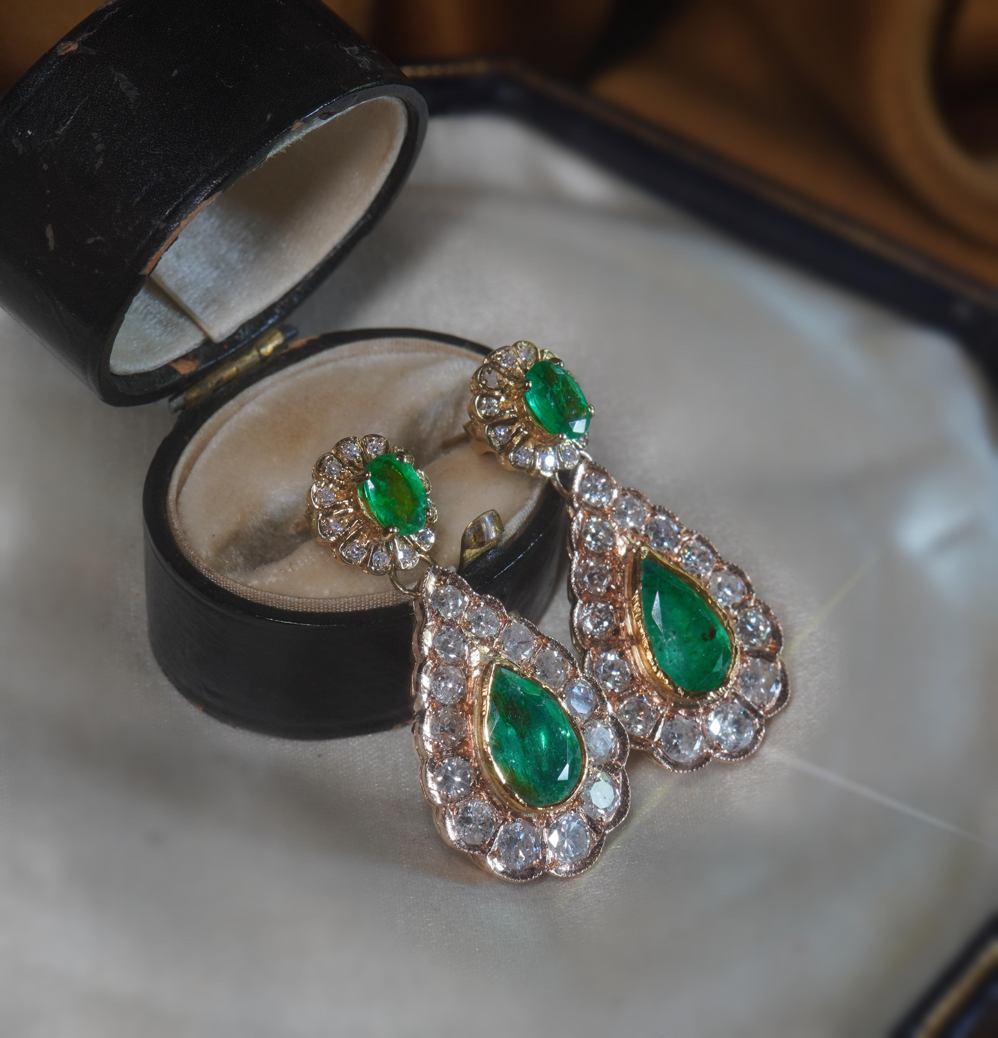 GIA Emerald Diamond 14K Gold Vintage Earrings Old Mine Certified 8.68 Carats For Sale 4