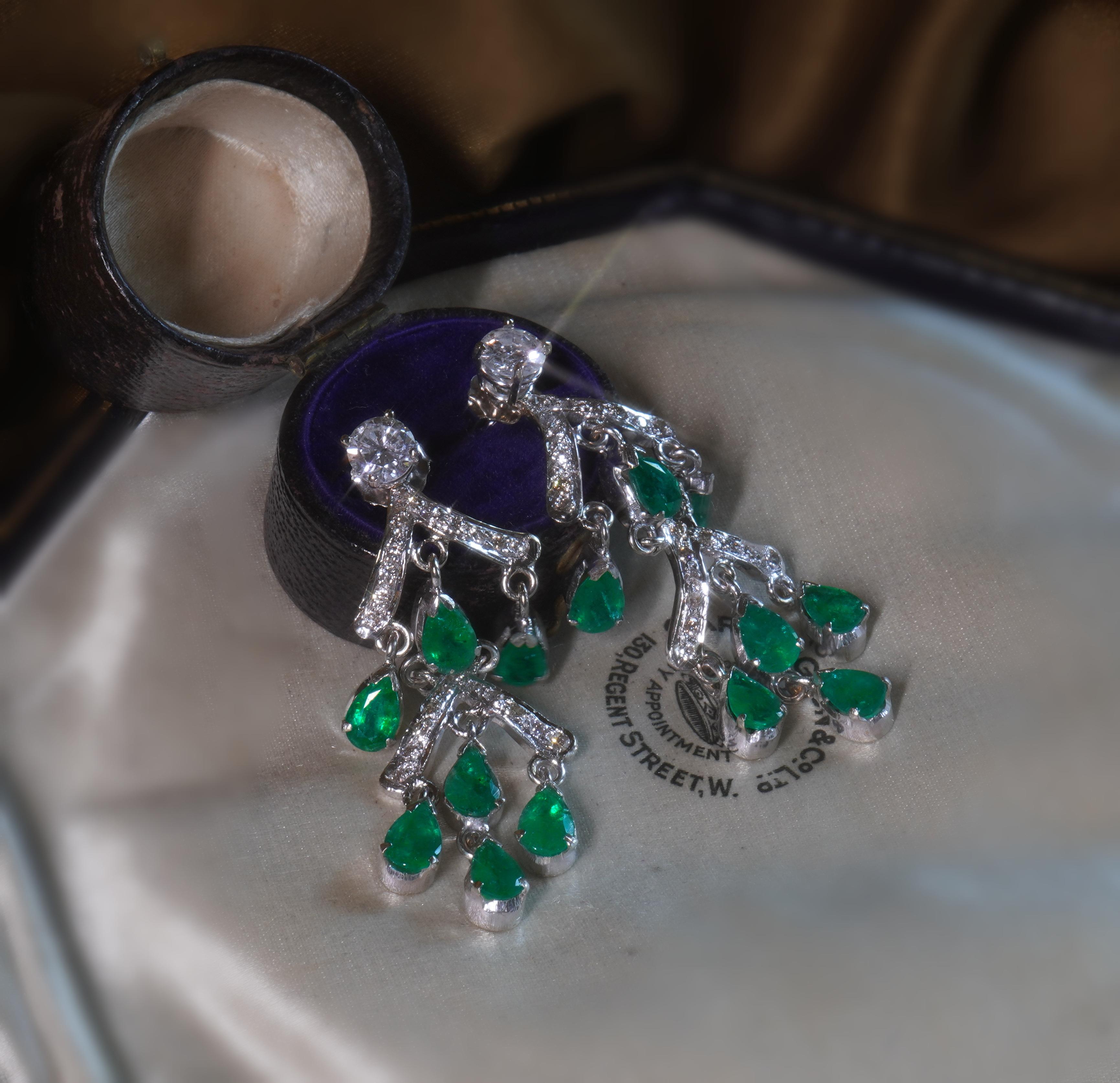 Women's GIA Emerald Diamond Vintage Earrings 18K Certified Natural Huge Fine 6.82 Carats For Sale